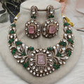 Samrajini Moissanite Necklace Set- Green n Pink