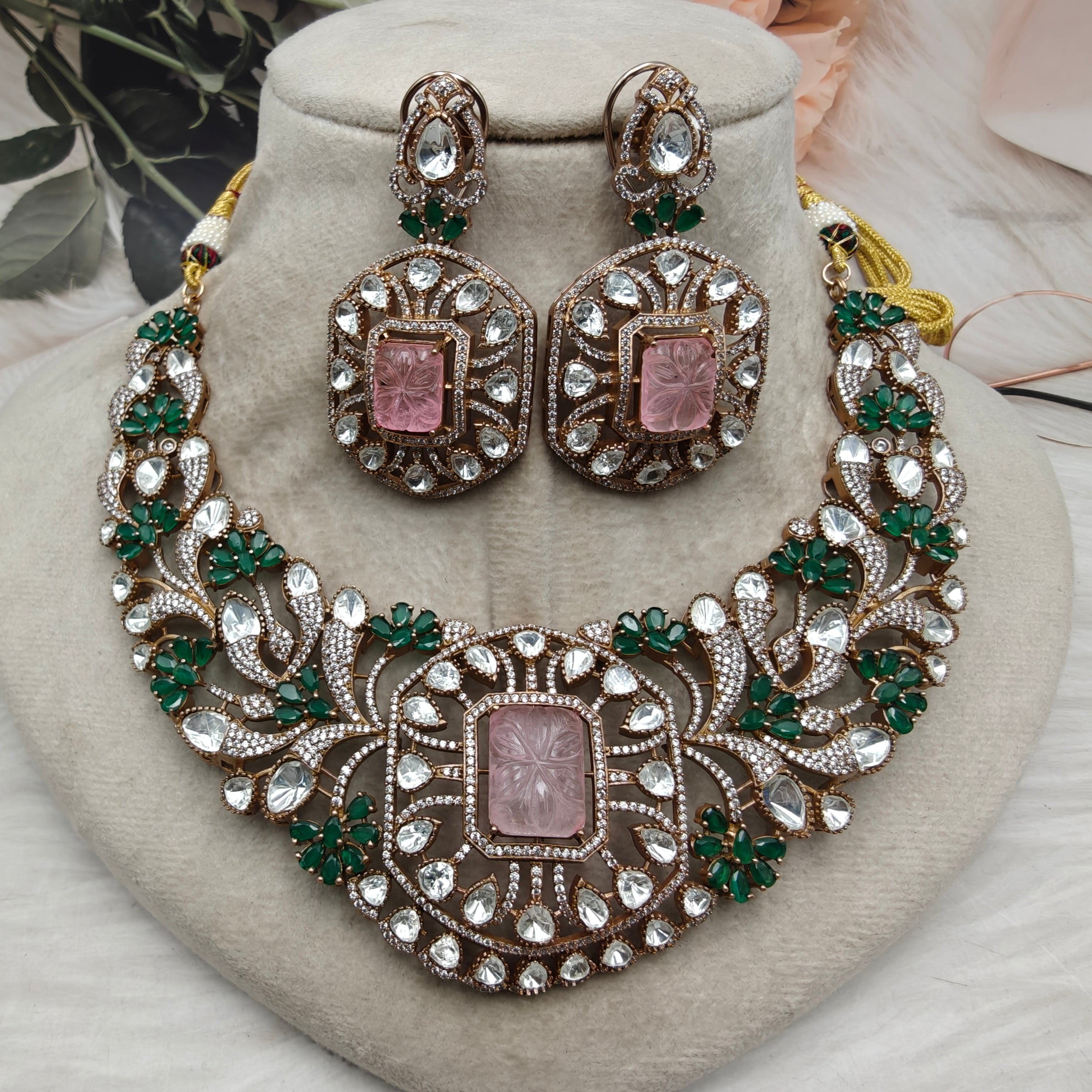 Samrajini Moissanite Necklace Set- Green n Pink