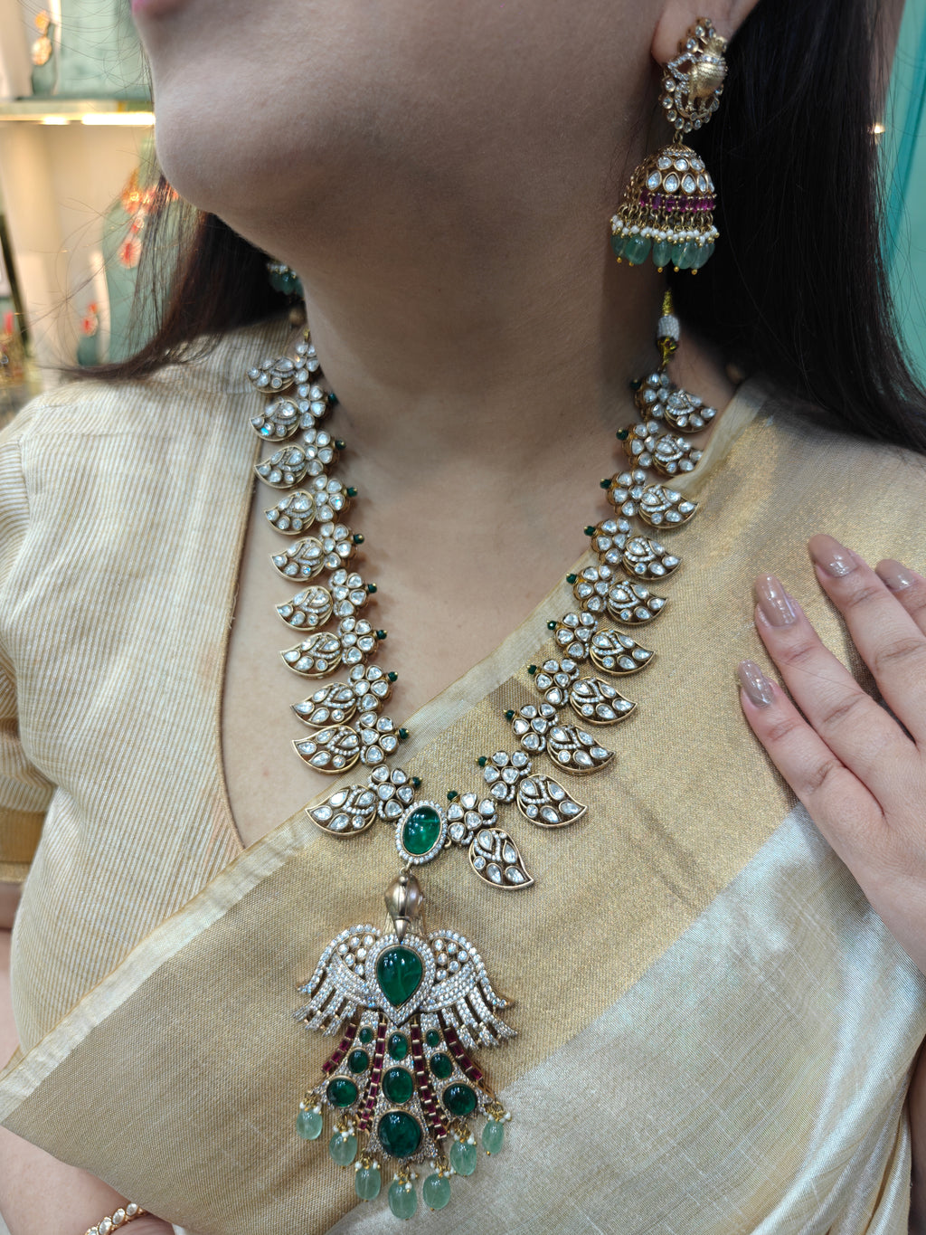 Mayura Emerald Regal Heritage Statement Necklace Set