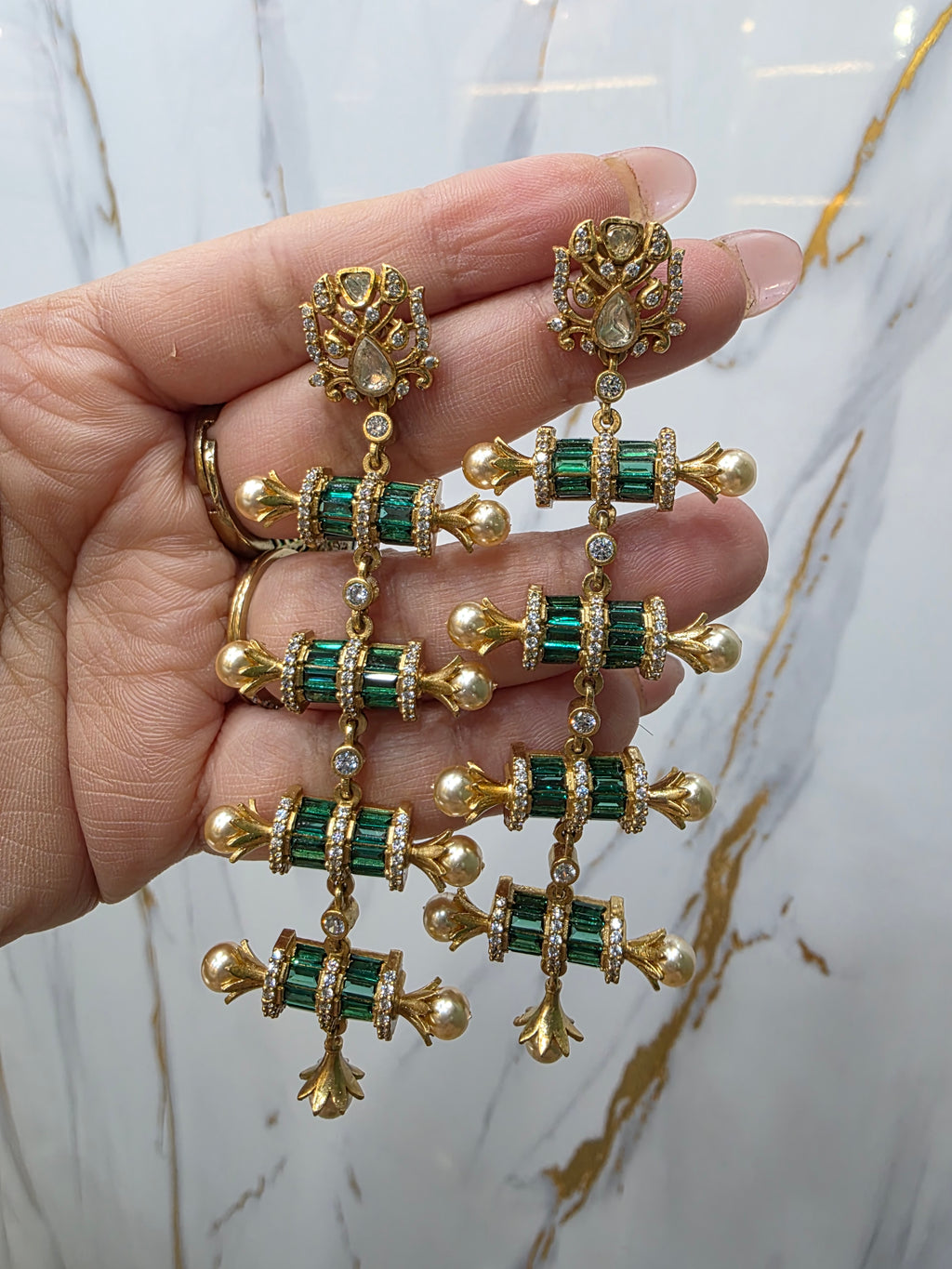 Mehvish Statement Baguette and Moissanite Dangler Earrings - Green