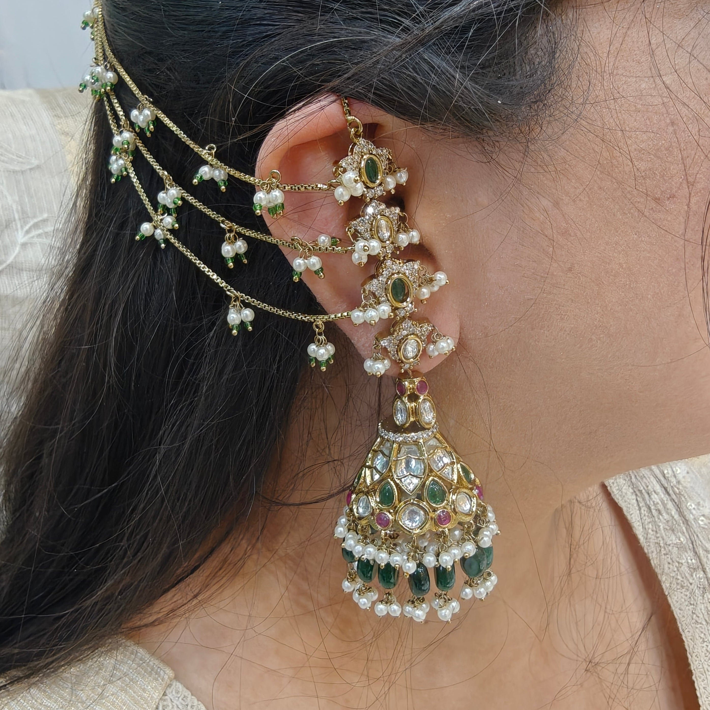 Soundarya Earchain Jadtar Kundan Jhumki- Green Ruby