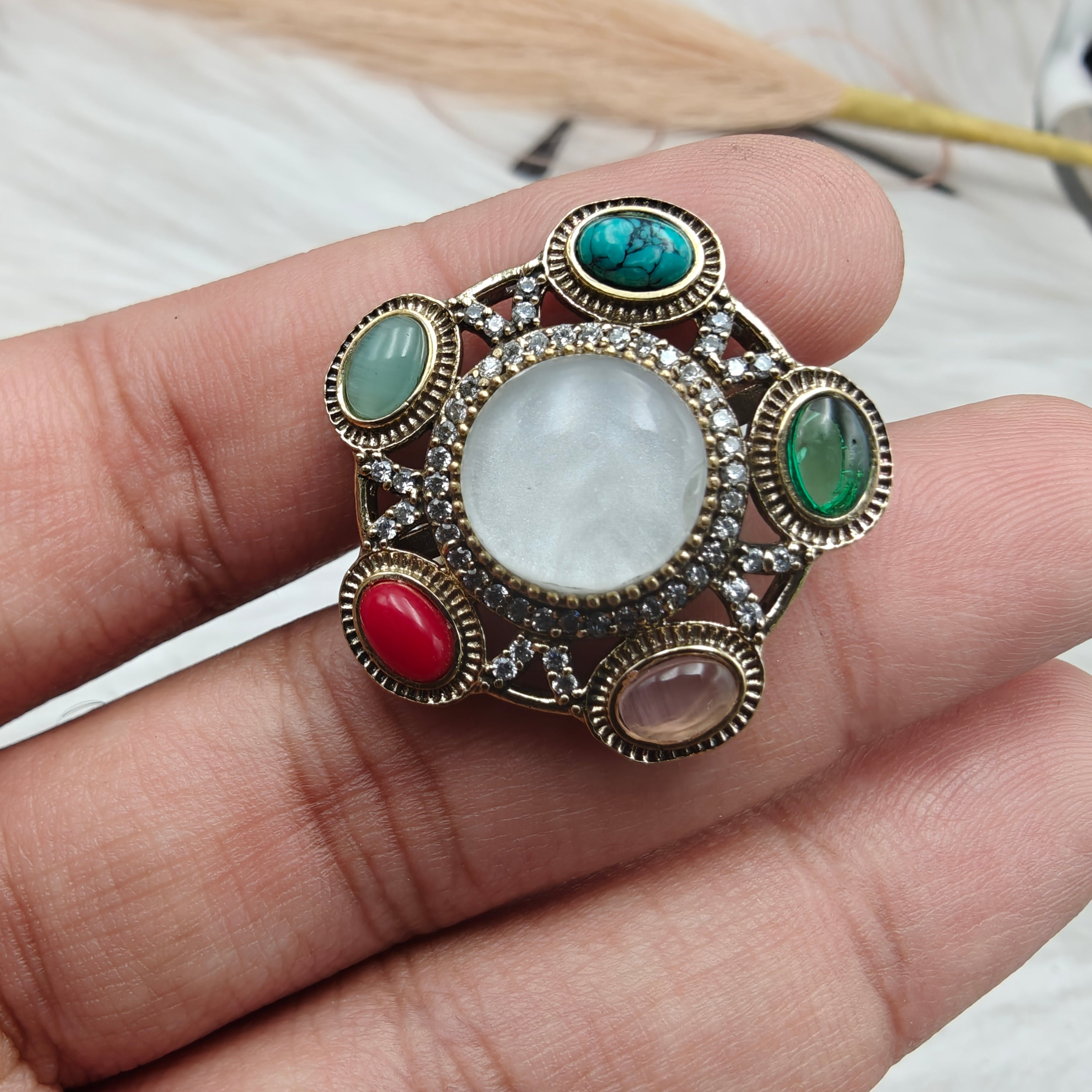 Nazni Inspired Multi Stone Adjustable Ring- White Multi