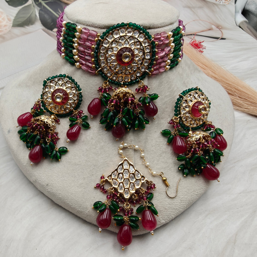 Maharani Jadau Polki Choker Set with Mangtikka - Ruby n Green