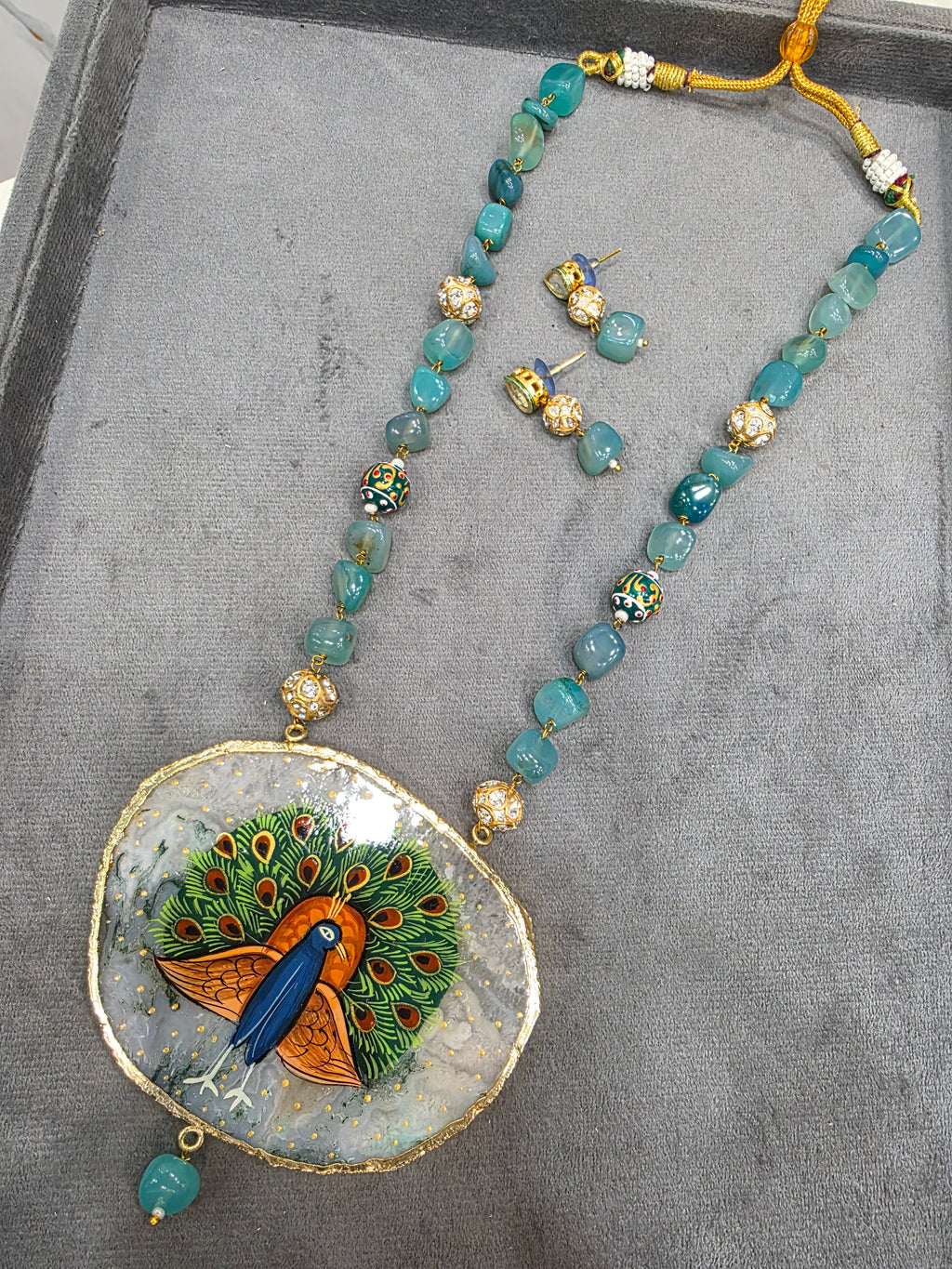 Peacock Tanjore Natural Stone Necklace Set - Aqua Green