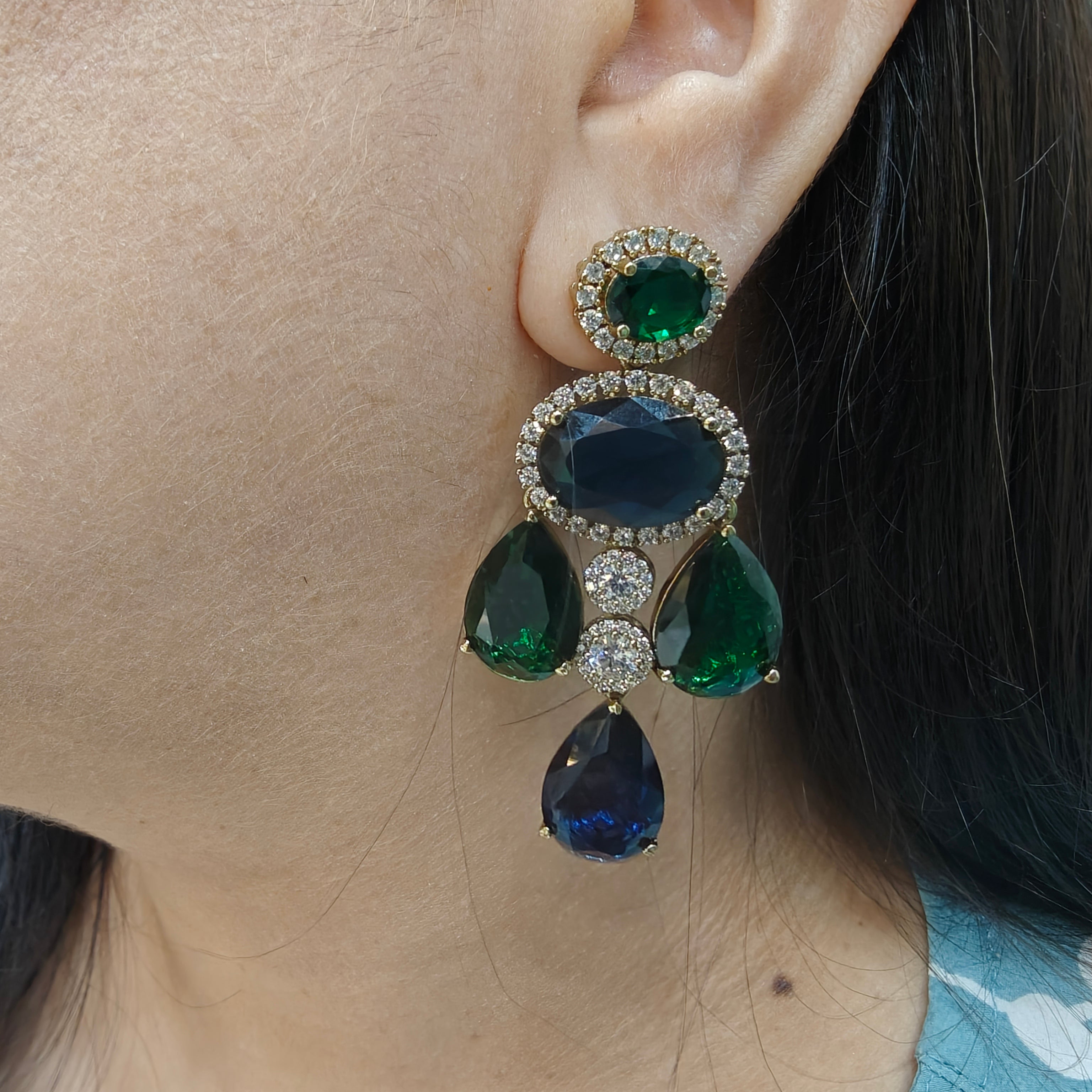 Bhavika Chandelier Sabya inspired Dangler Earrings- Emerald and Blue