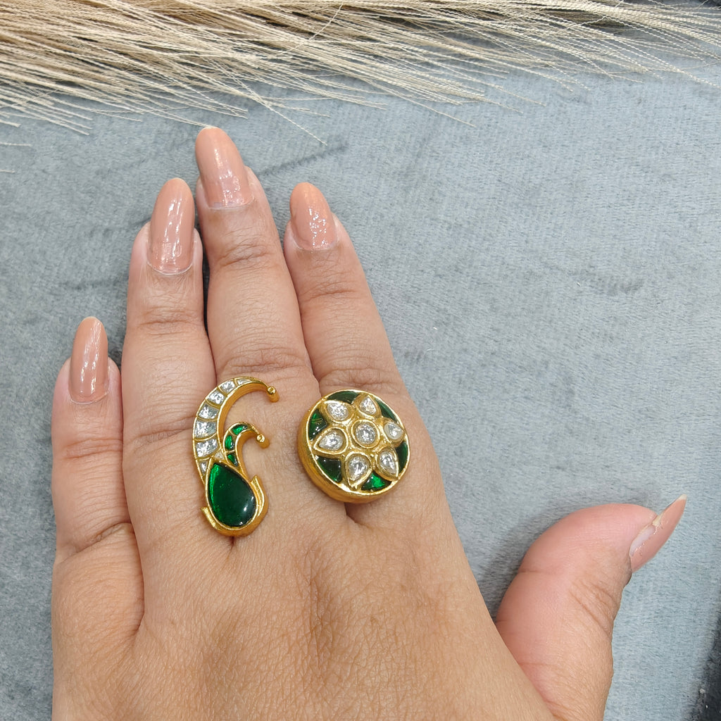 Rukamani Jadau Kundan Heritage Double Finger Ring- Green