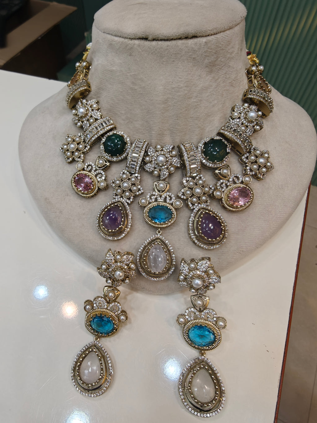 Sitara Sabya Inspired Necklace Set- Rose Quartz Multi