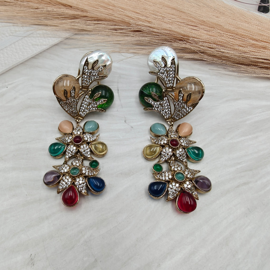 Elizabeth Semi Precious Gemstone and Baroque Sabya Inspired Earrings- Multi 1