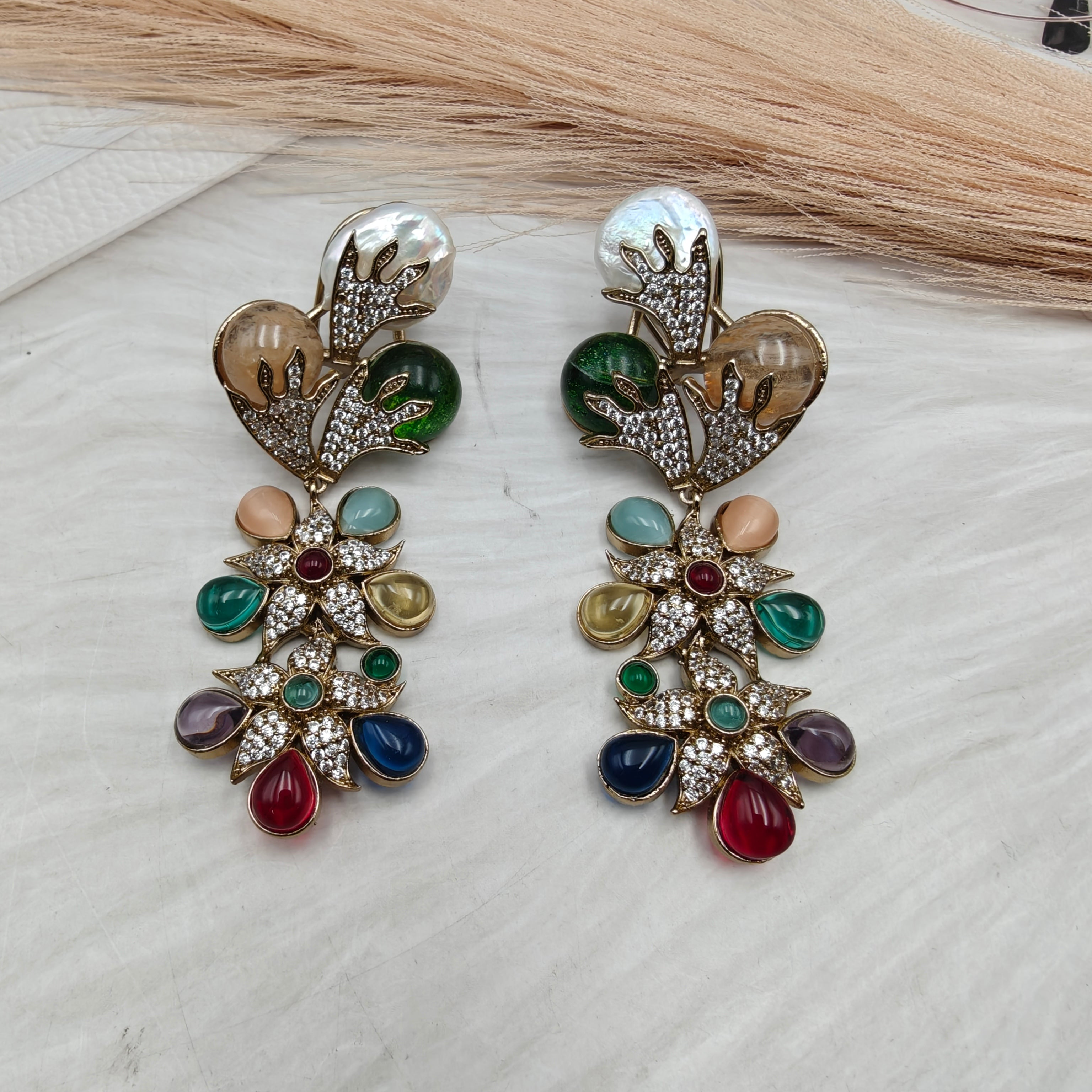 Elizabeth Semi Precious Gemstone and Baroque Sabya Inspired Earrings- Multi 1