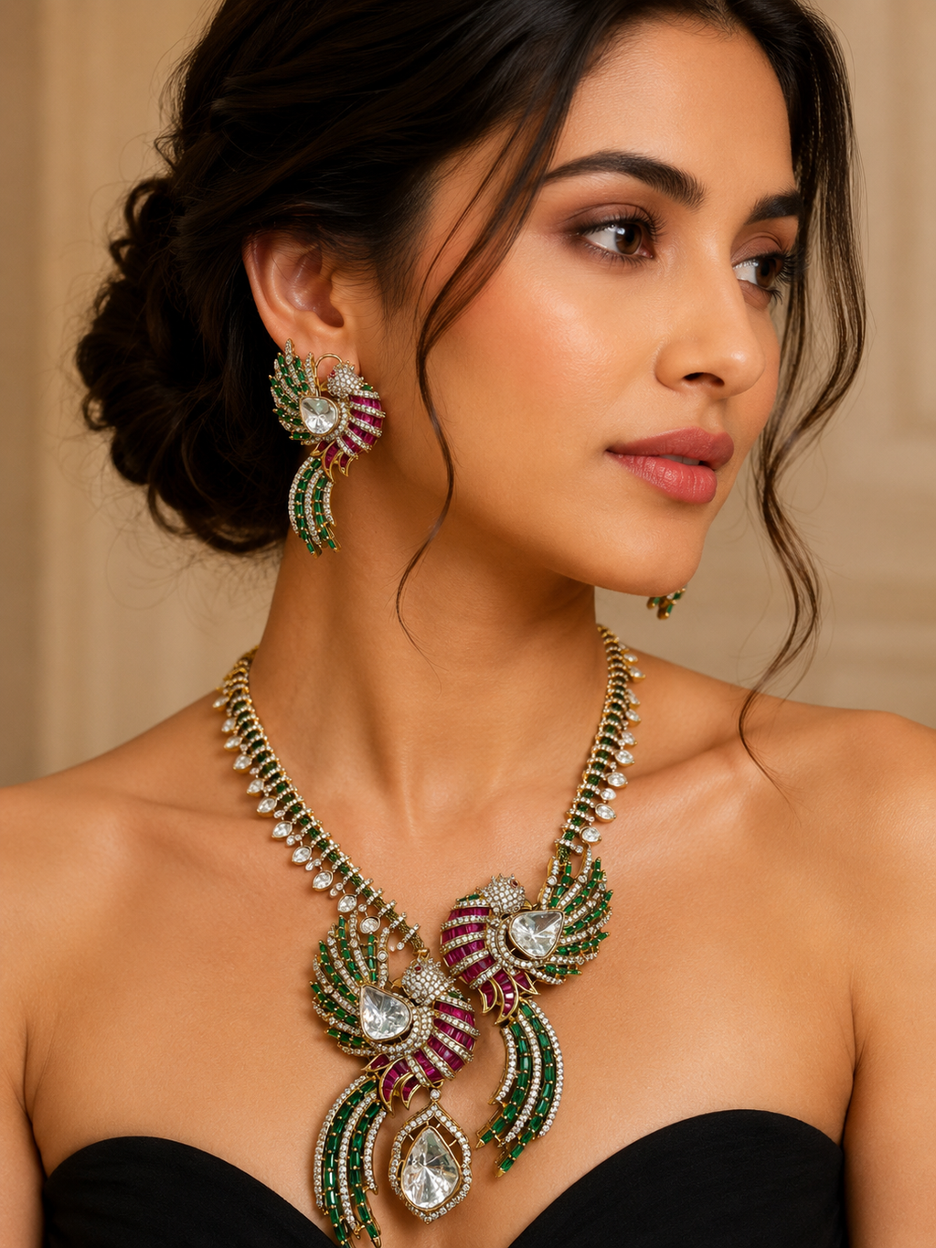 Vantara Udaan Statement Necklace Set- Green Ruby