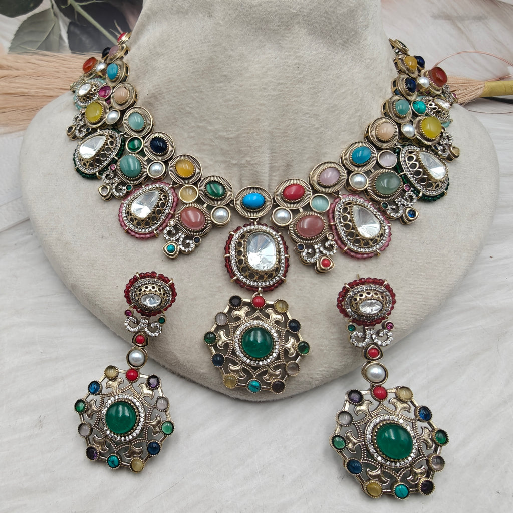 Nazakat Sabya Inspired Quartz Doublet and Polki Necklace Set