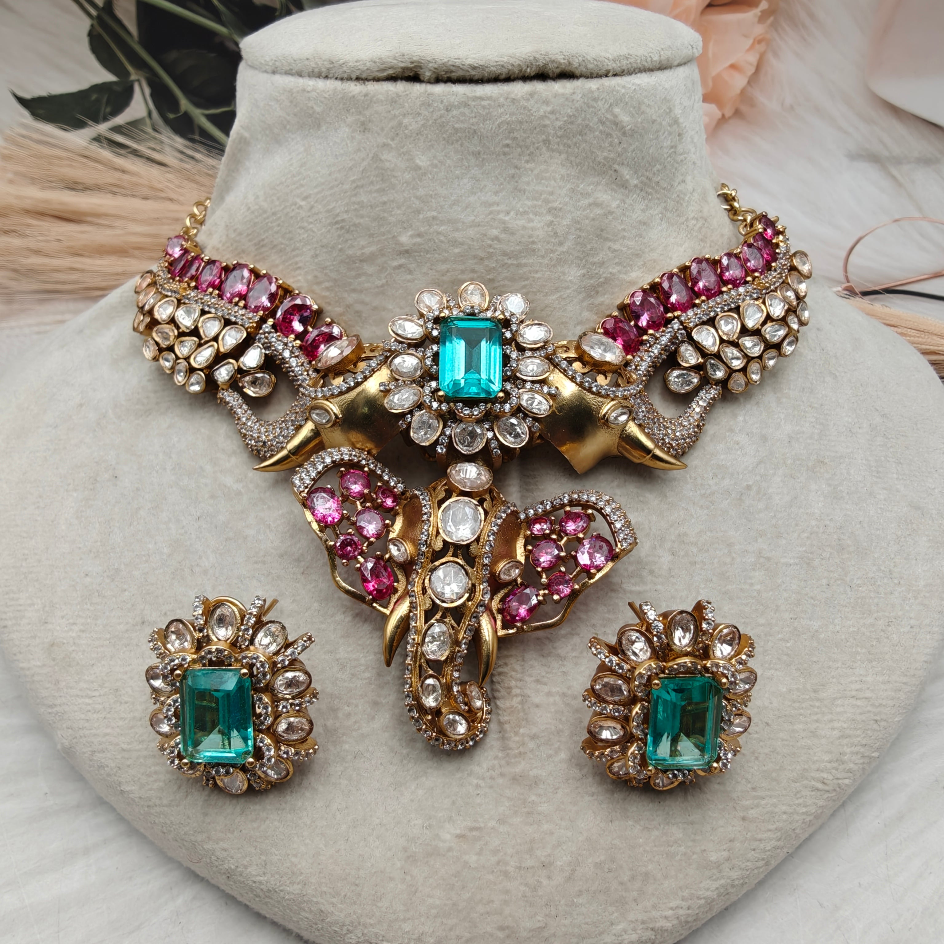 Vighnaharta Luxe Moissanite Necklace Set- Pink and Aqua Green