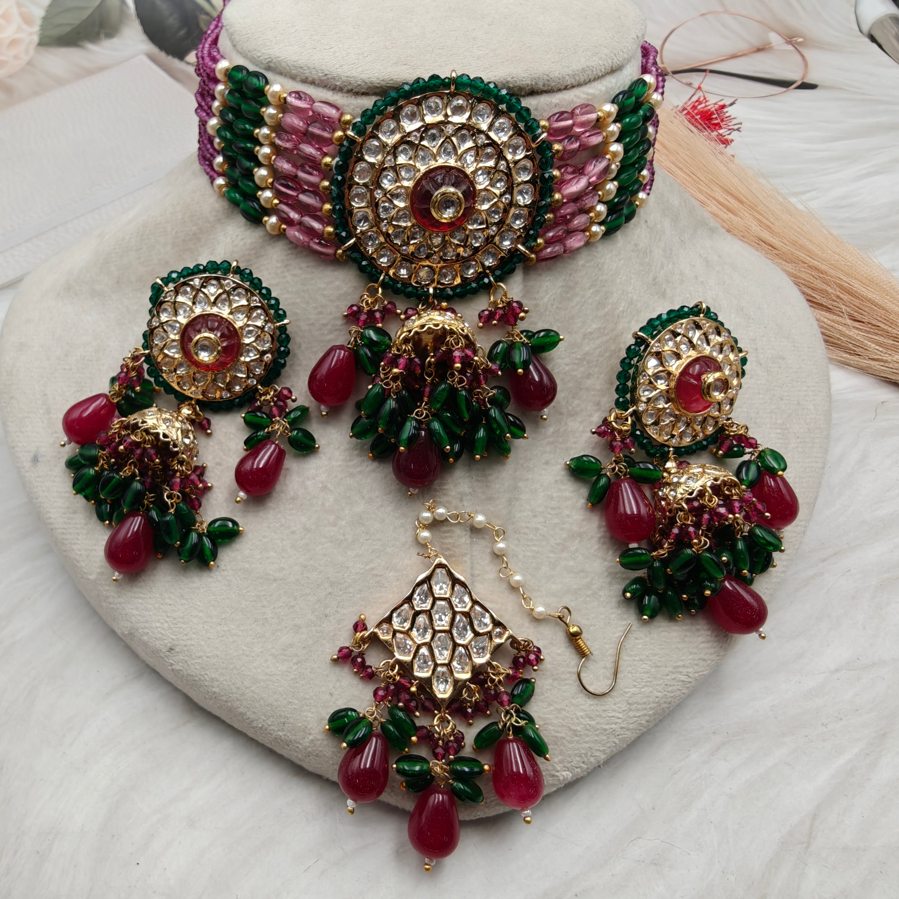 Maharani Jadau Polki Choker Set with Mangtikka - Ruby n Green