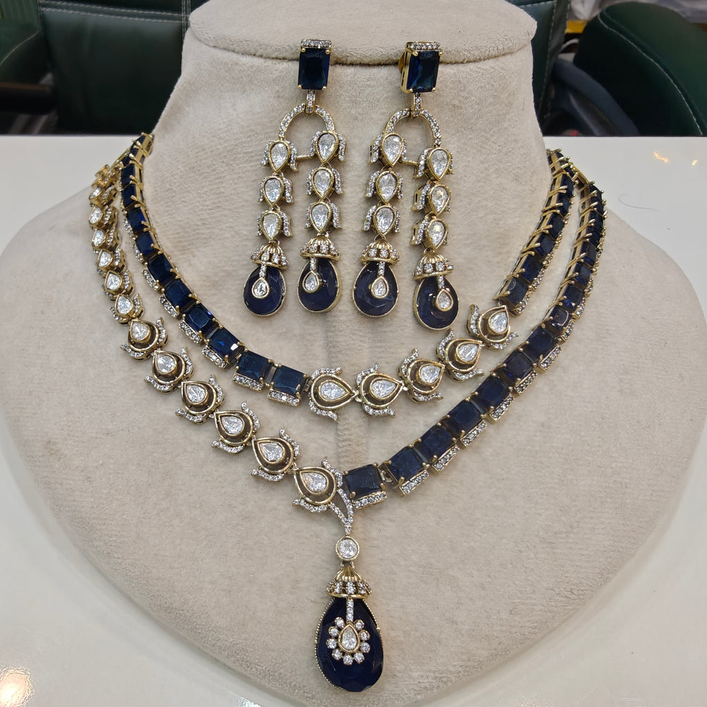 Mehrusa Polki AD Double Layer Necklace Set- Blue