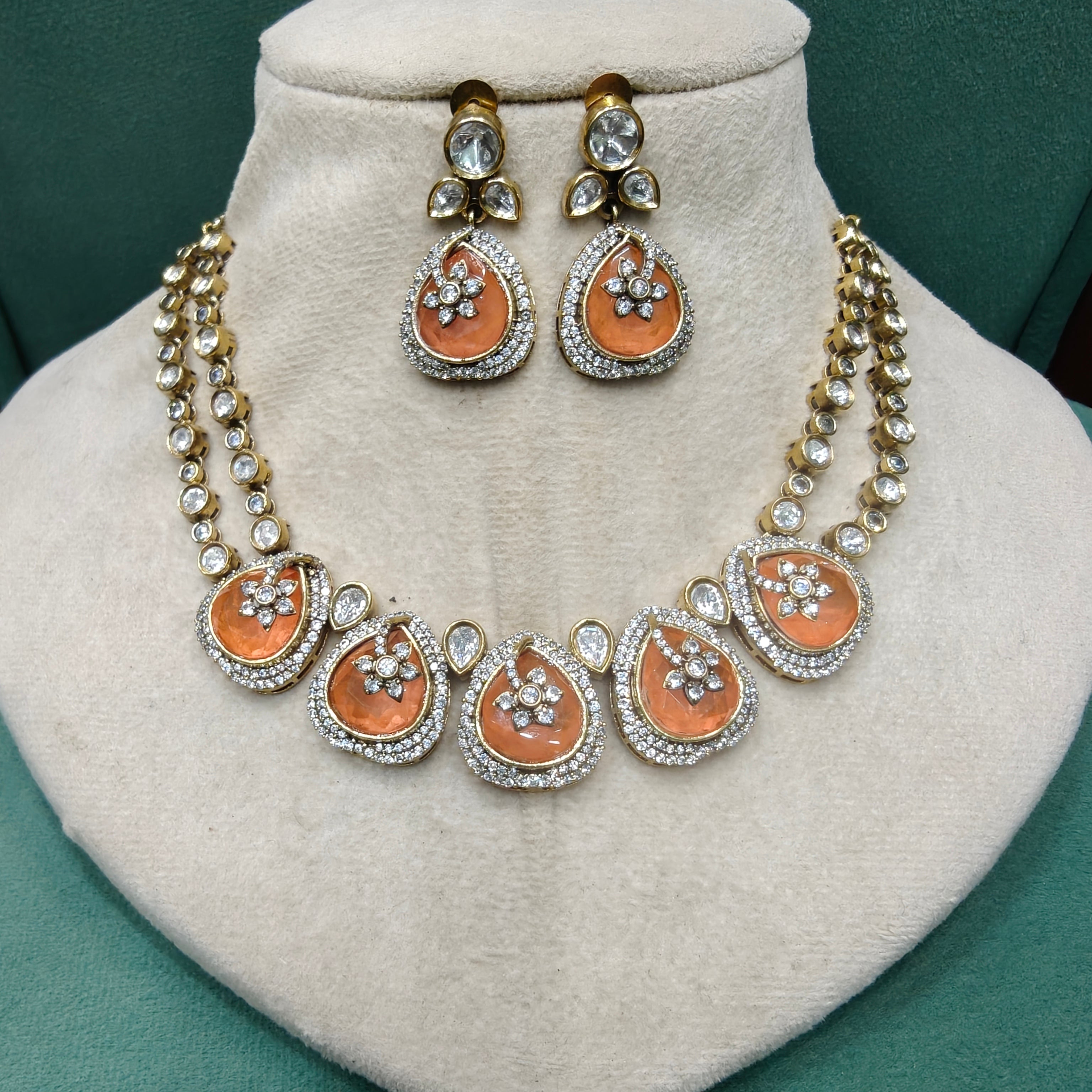 Dharti Doublet and Uncut Polki Necklace Set- Orange