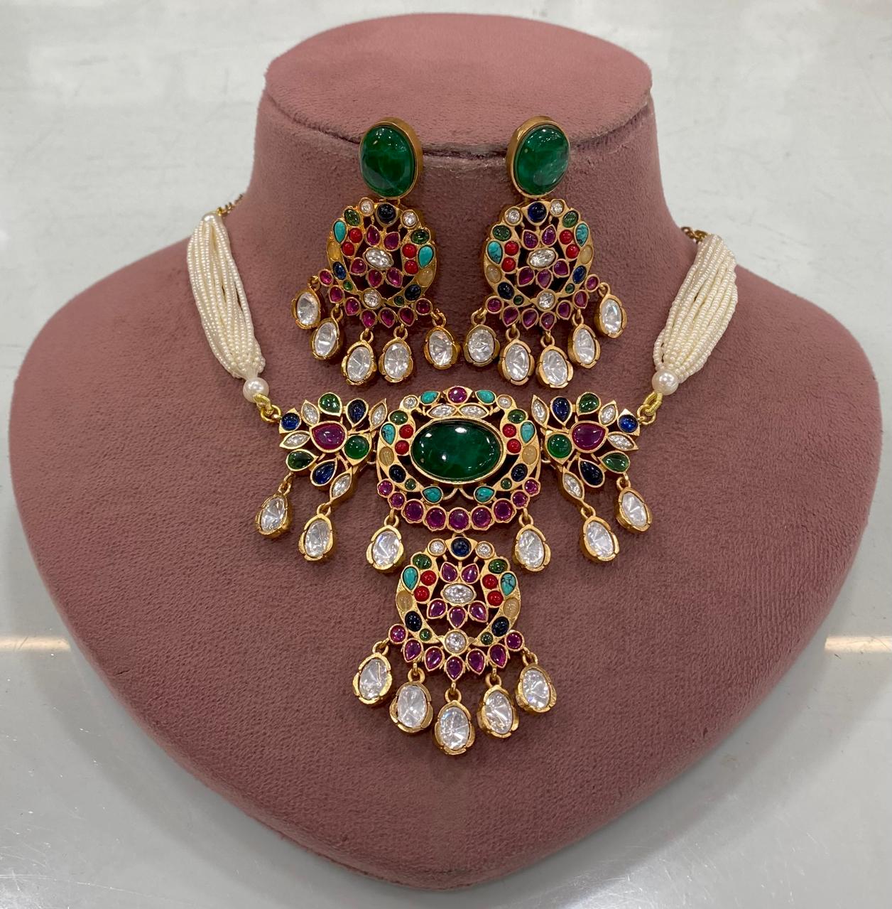 Sabyasachi Inspired Gehna Navratana Stone Choker Set- Emerald Green