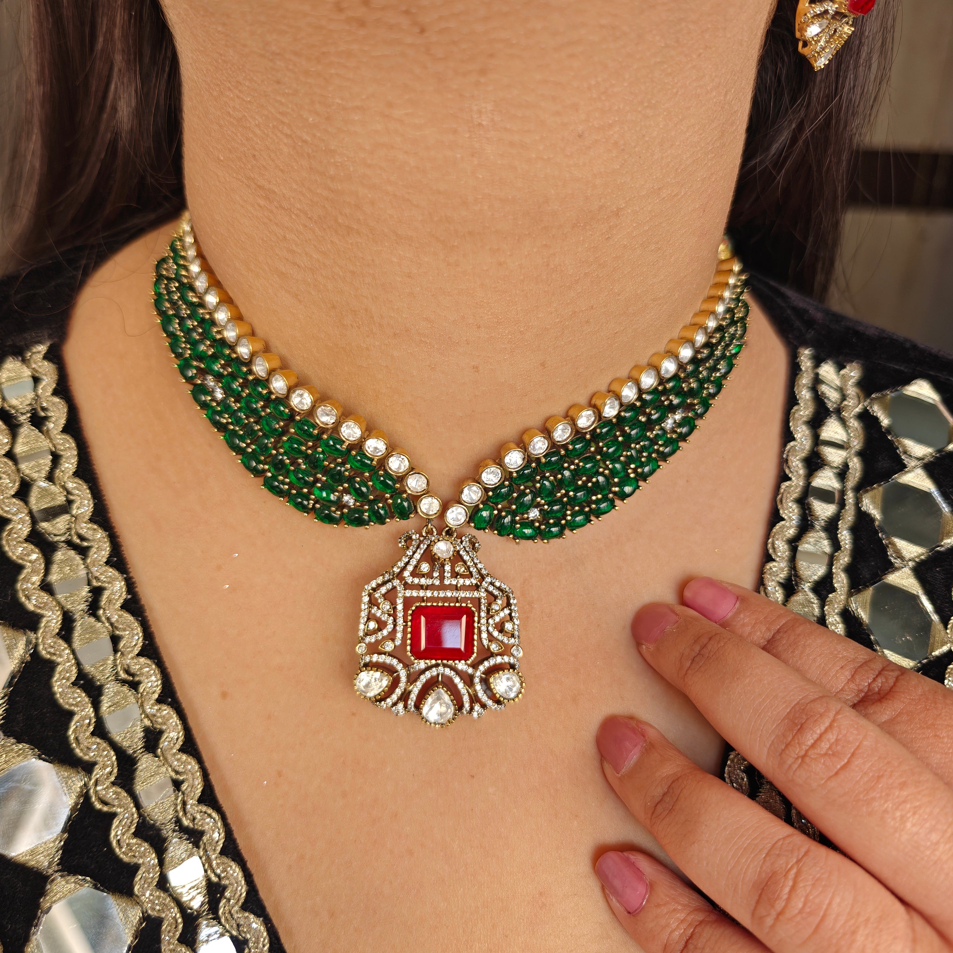 Rati Doublet and Moissanite Polki Choker Set- Green n Rec