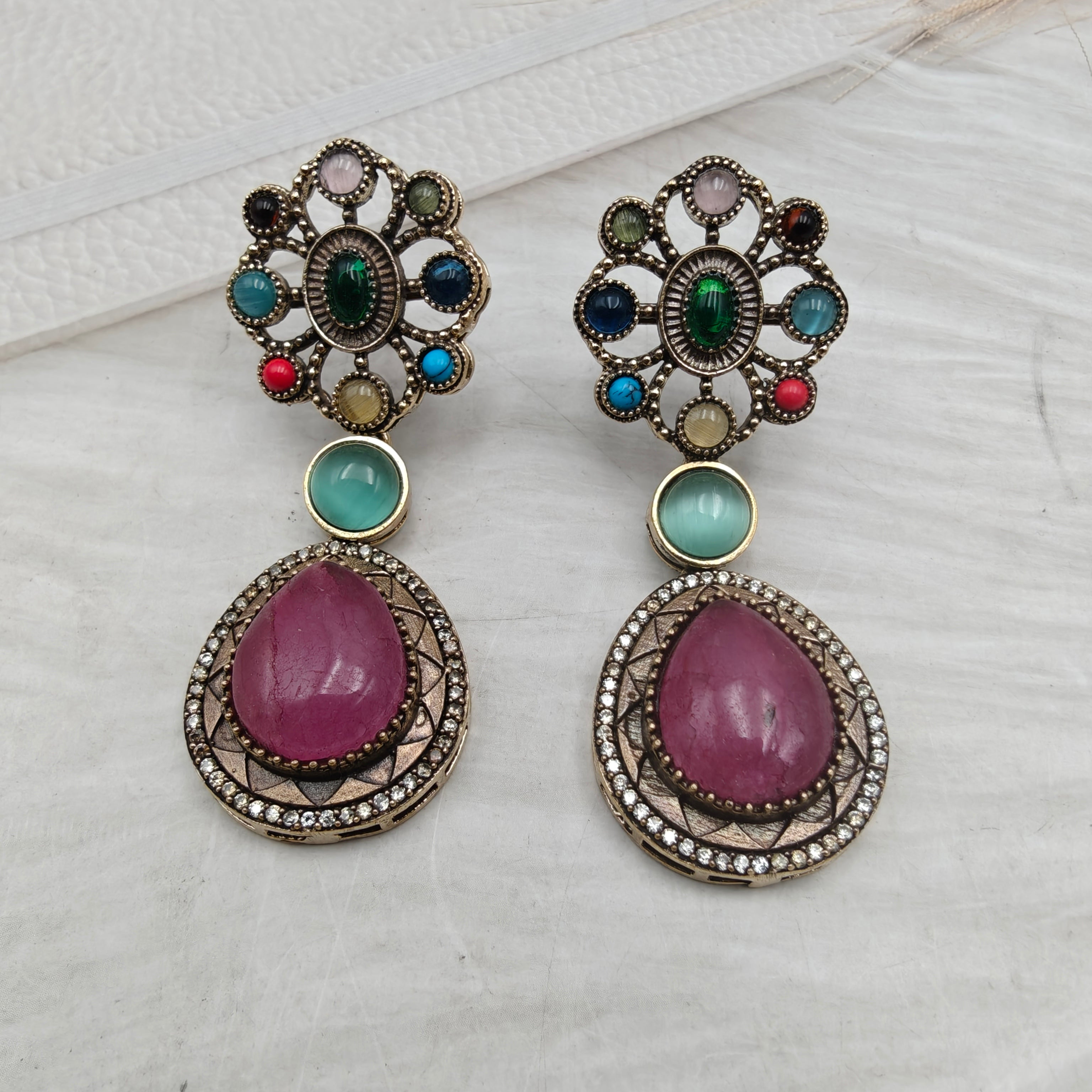 Ruban Gemstone Earrings- Pink Multi