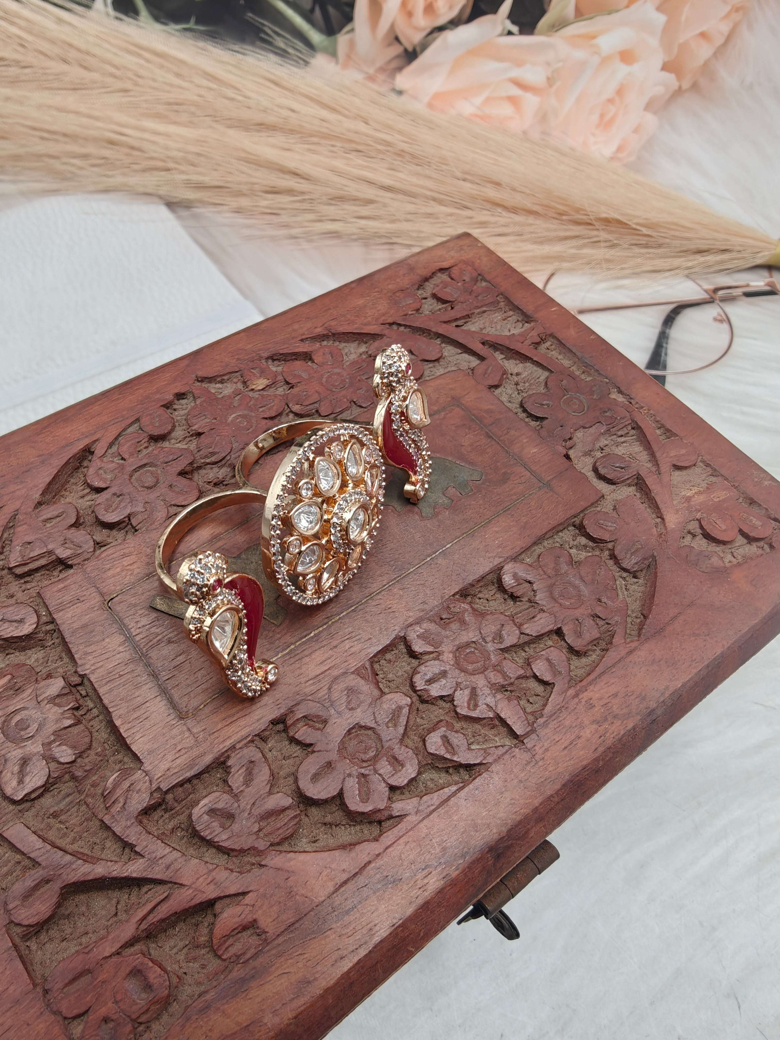 Lavya Bird Moissanite Double Finger Ring - Ruby