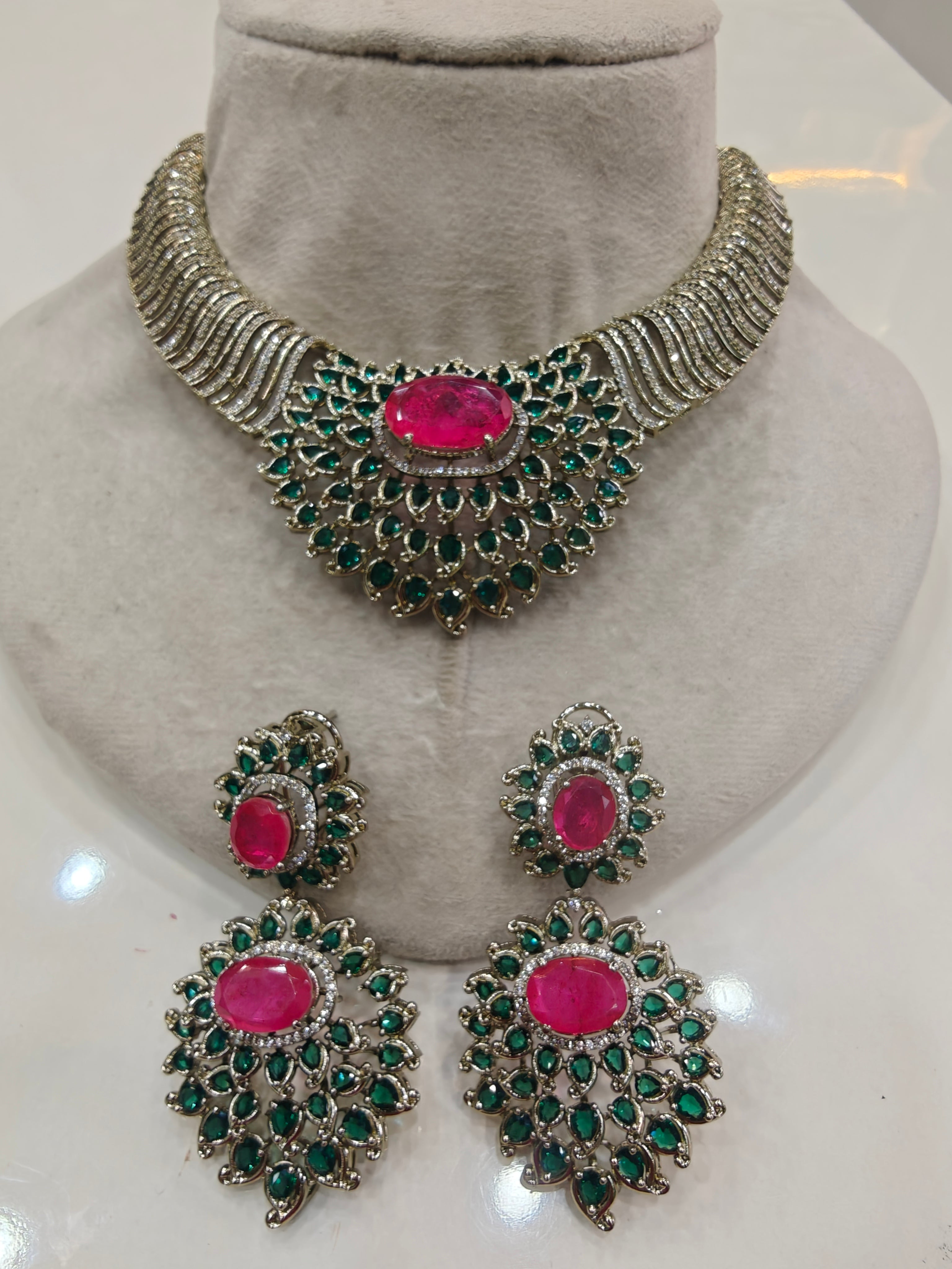 Ratiya Designer Collection Statement Necklace Set- Green and Hot Pink