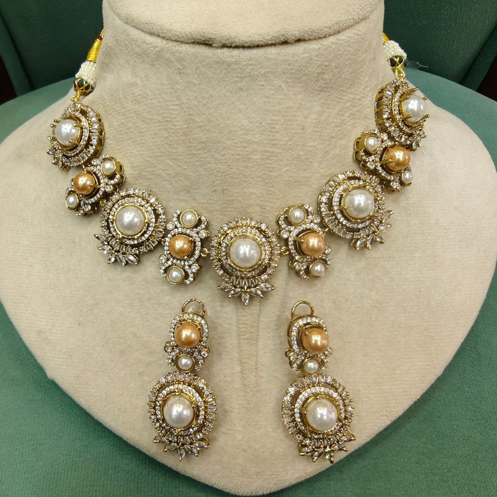 Shilpi Sabya Inspired Pearl Choker Necklace Set- White And Golden Pearl