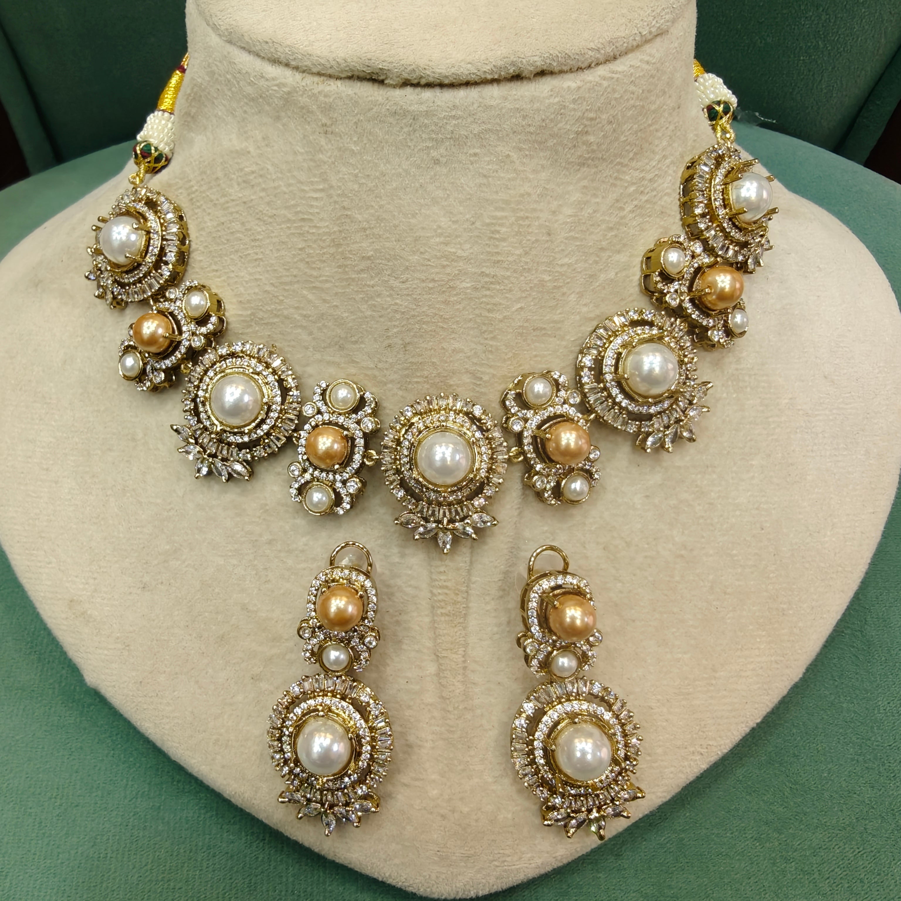 Shilpi Sabya Inspired Pearl Choker Necklace Set- White And Golden Pearl