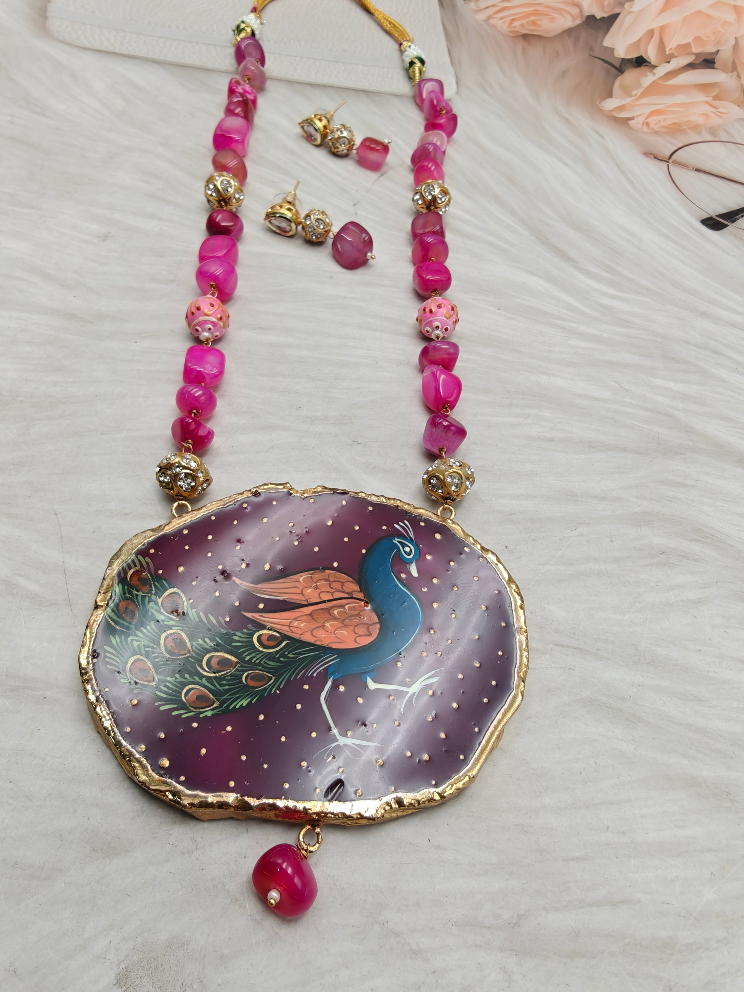 Peacock Tanjore Natural Stone Necklace Set - Hot Pink