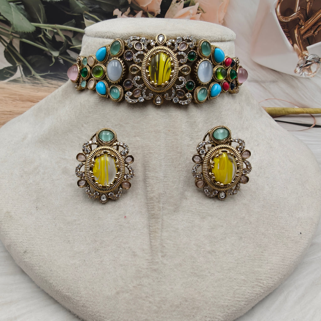 Tara Sabyasachi Inspired Gemstones Choker Set- Yellow Multi