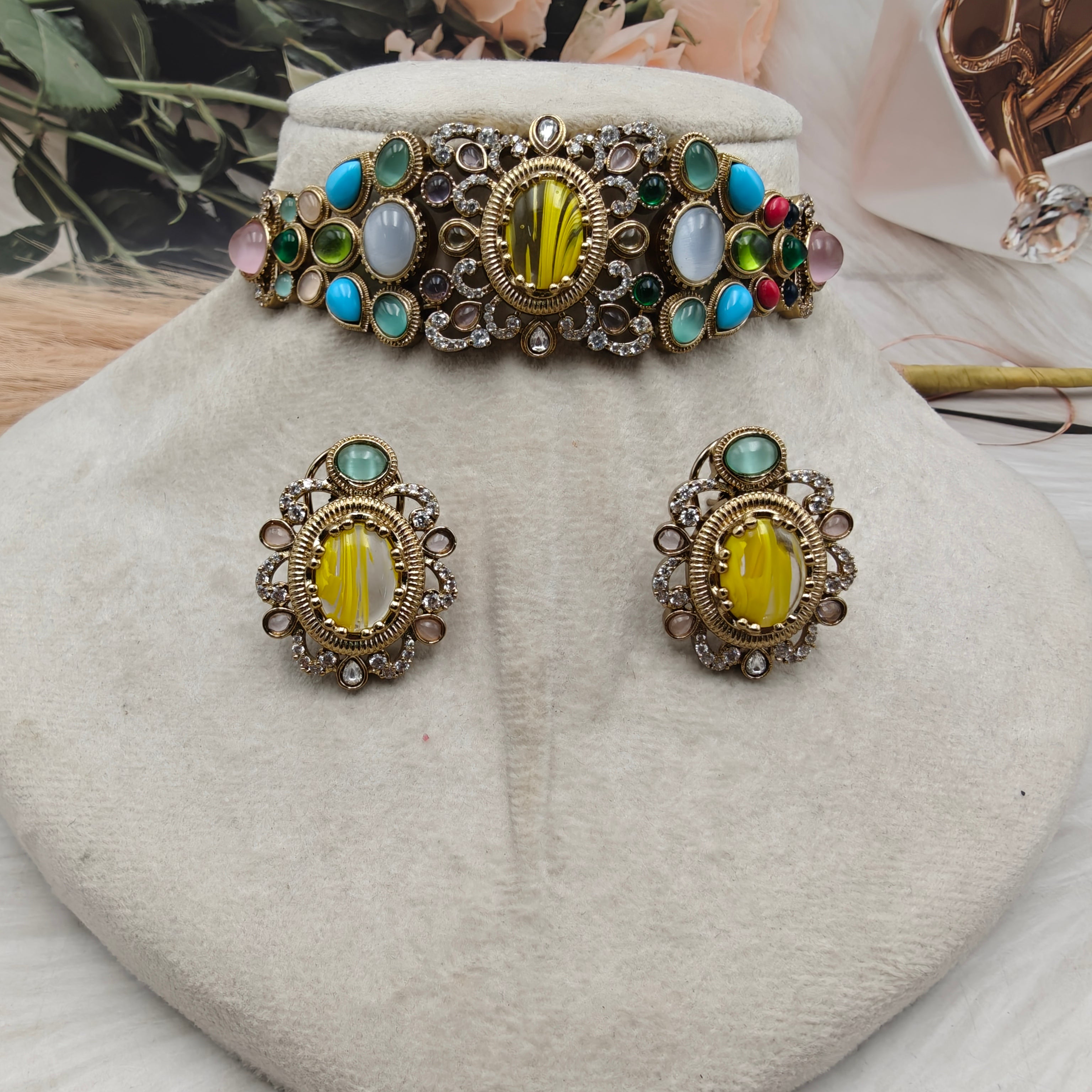 Tara Sabyasachi Inspired Gemstones Choker Set- Yellow Multi