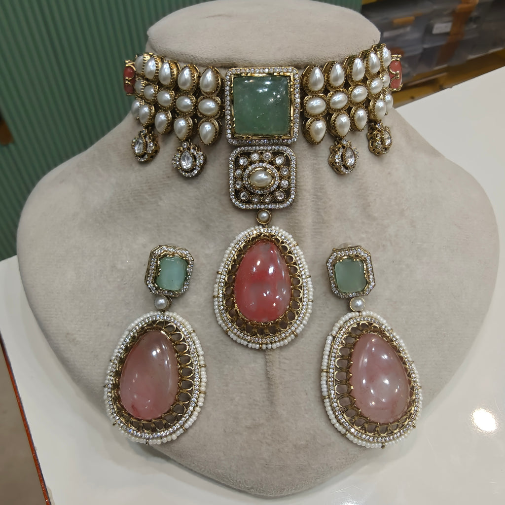 Alokika Sabya Inspired Pearl and Natural Stone Necklace Set