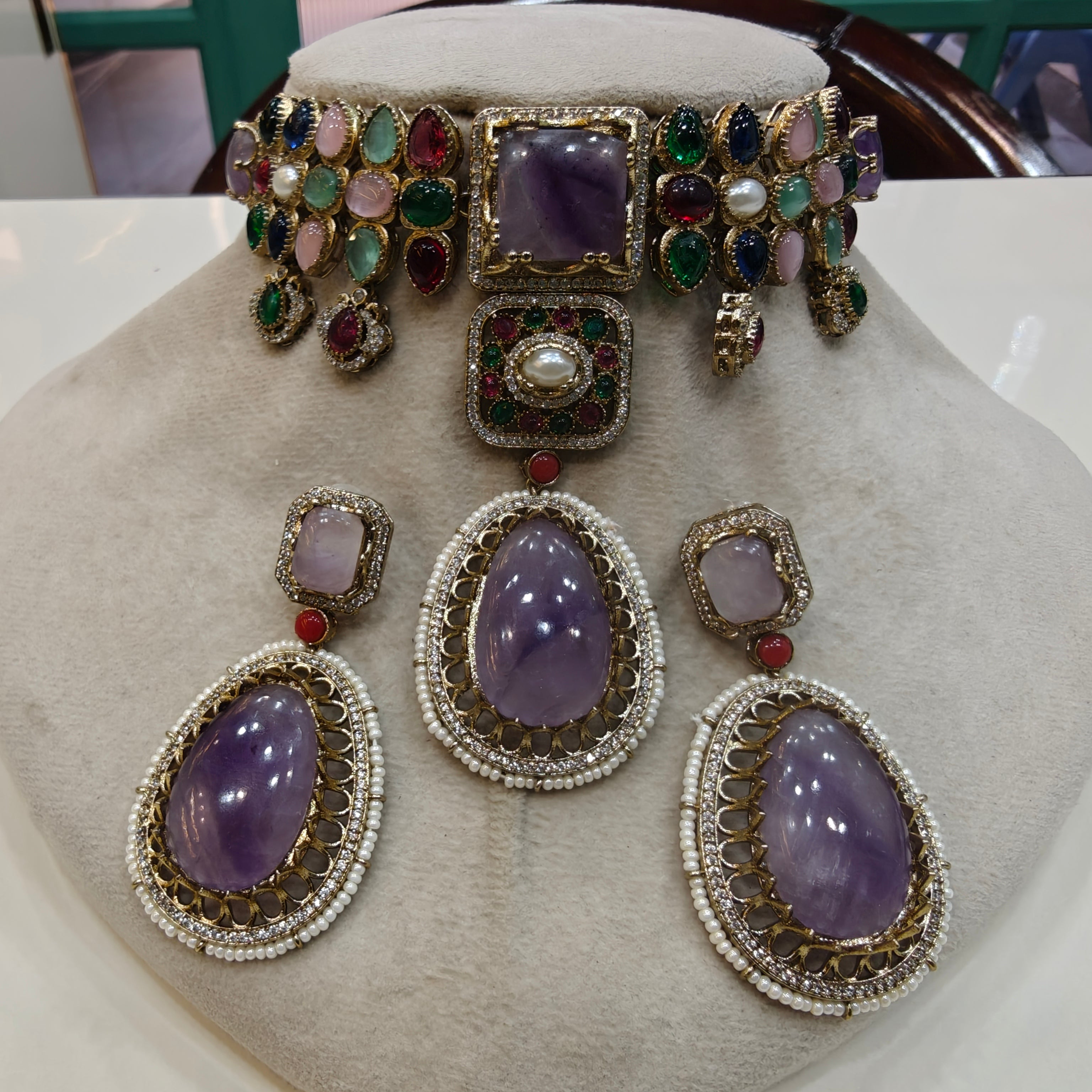 Alokika Sabya Inspired Pearl and Natural Stone Necklace Set- Purple Multi