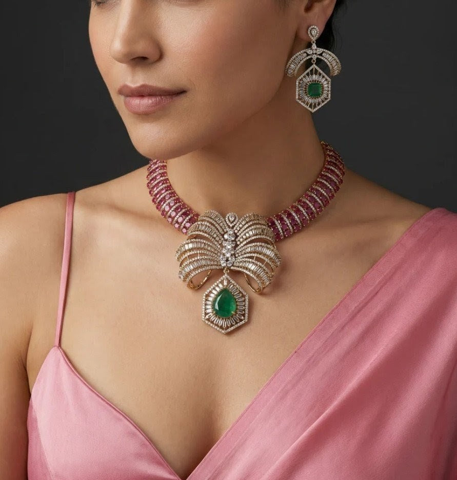 Palm Tree Sabya Inspired Baguette and Doublet Necklace Set- Ruby and Green