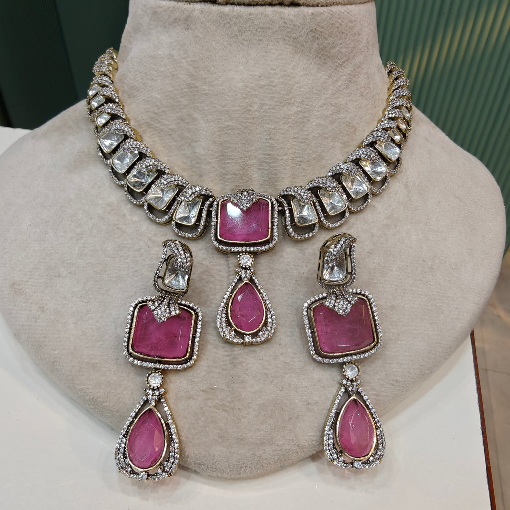 Madhumita Doublet Polki Necklace Set- Pink