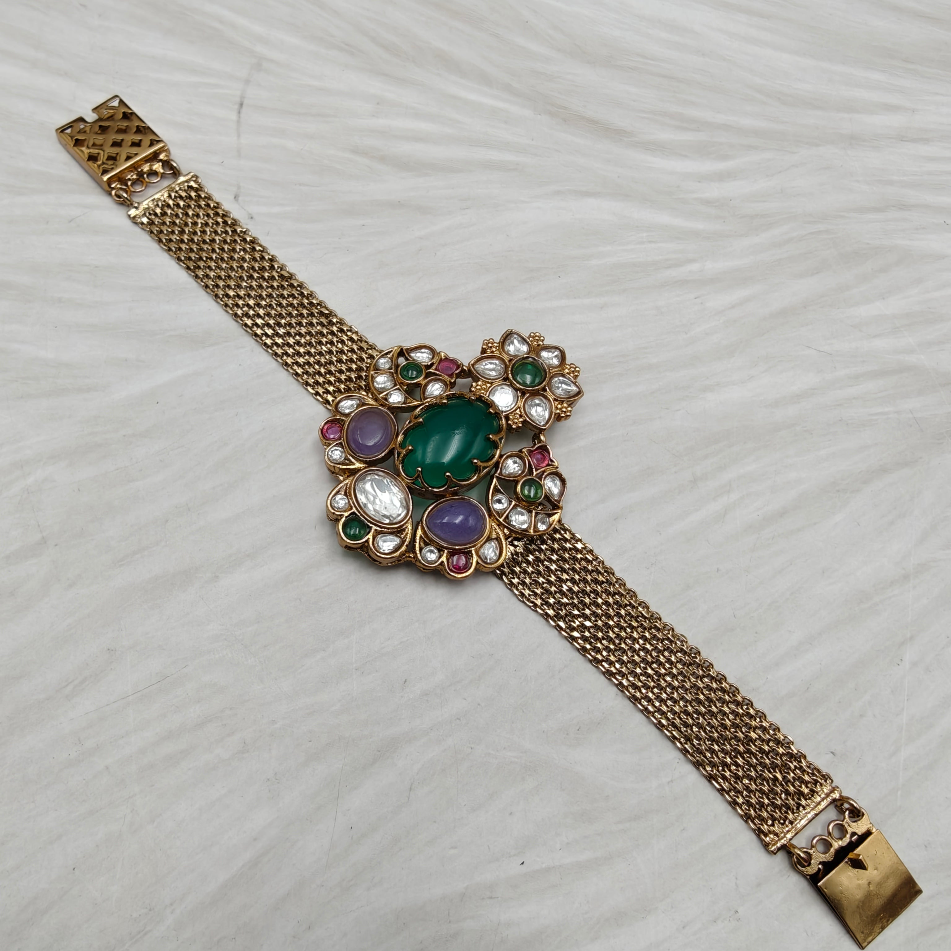 Shakuntala Jadtar Kundan Multi Gemstone Chain Bracelets - Green Purple