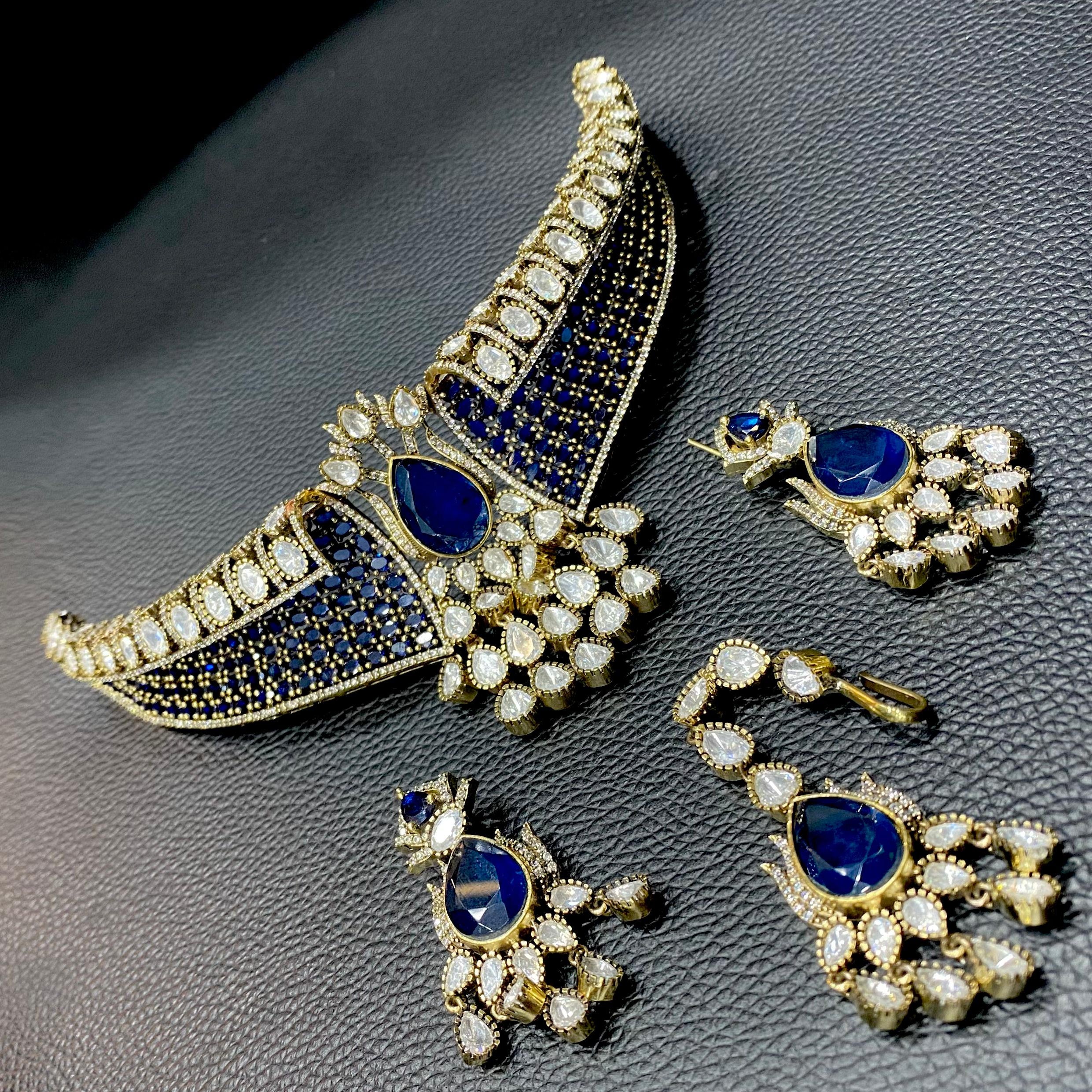 Achla Moissanite Hasli Style Necklace (Victorian Finish) - Blue