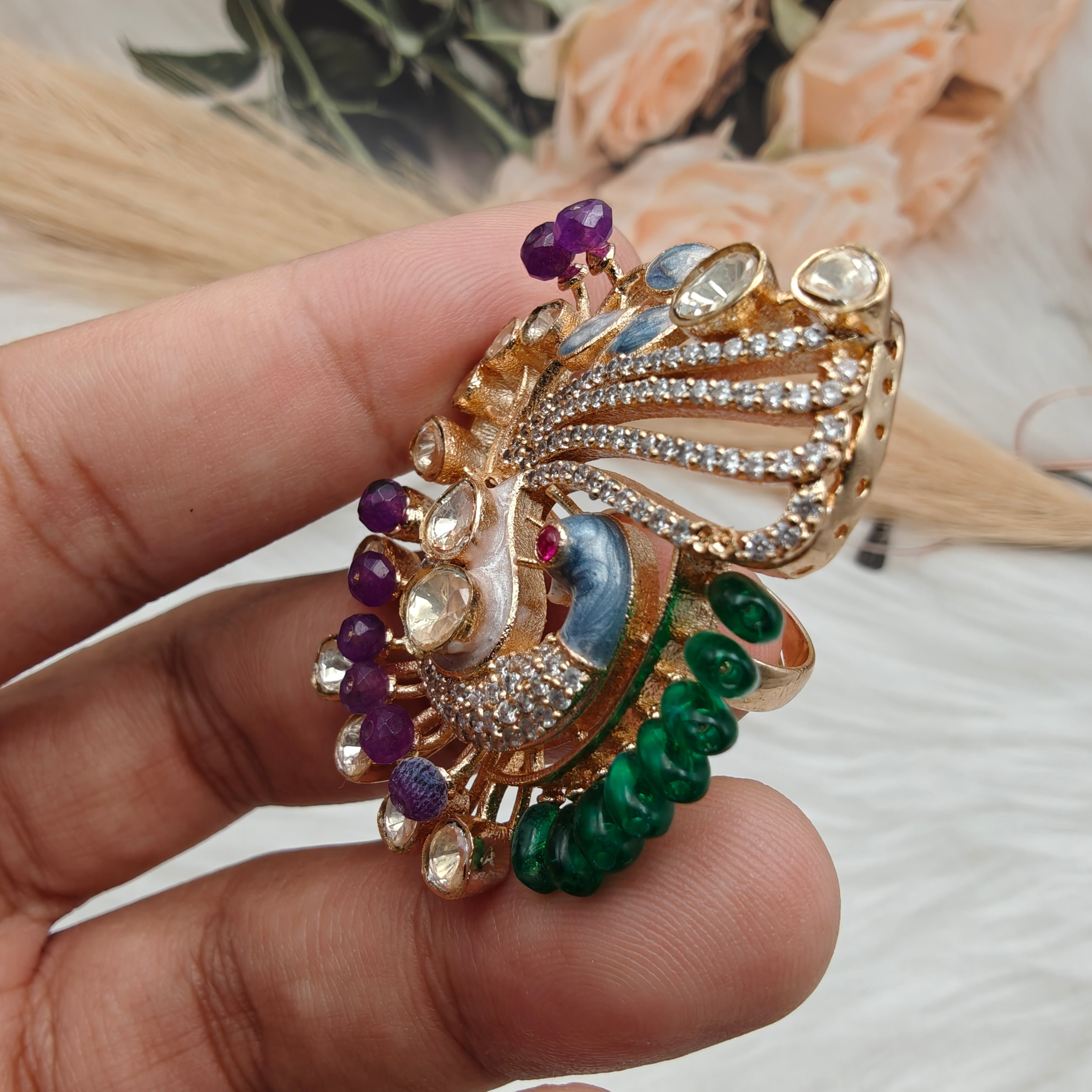Mayuma Peacock Statement Italian Enamel Moissanite Ring - Purple n Green