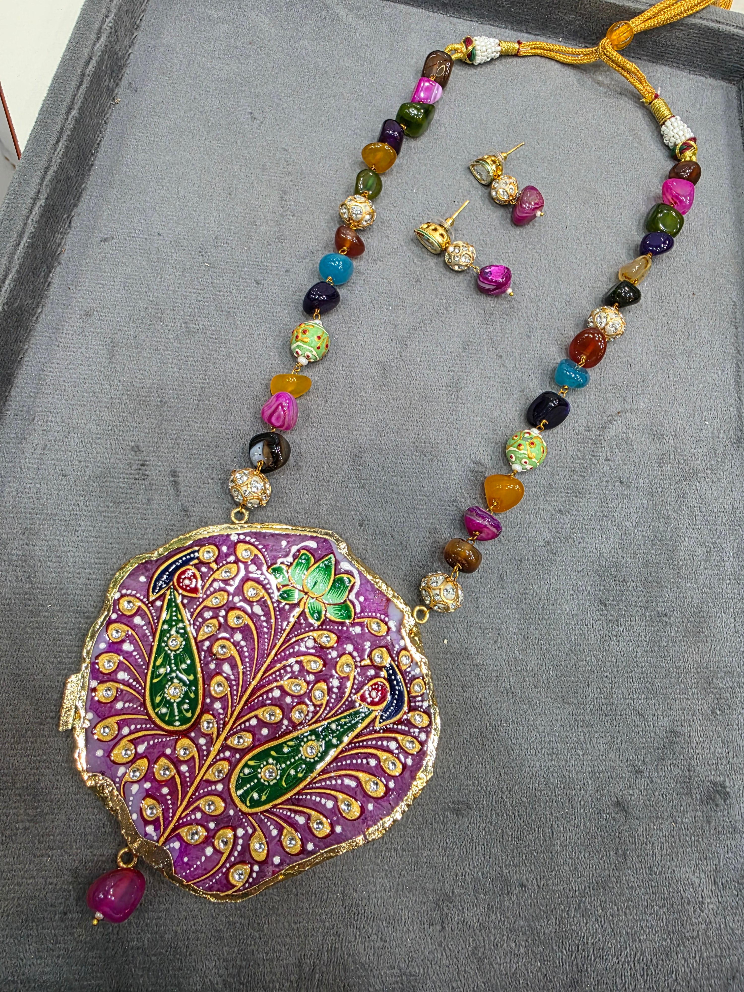 Tanjore Natural Stone Necklace Set - Multi