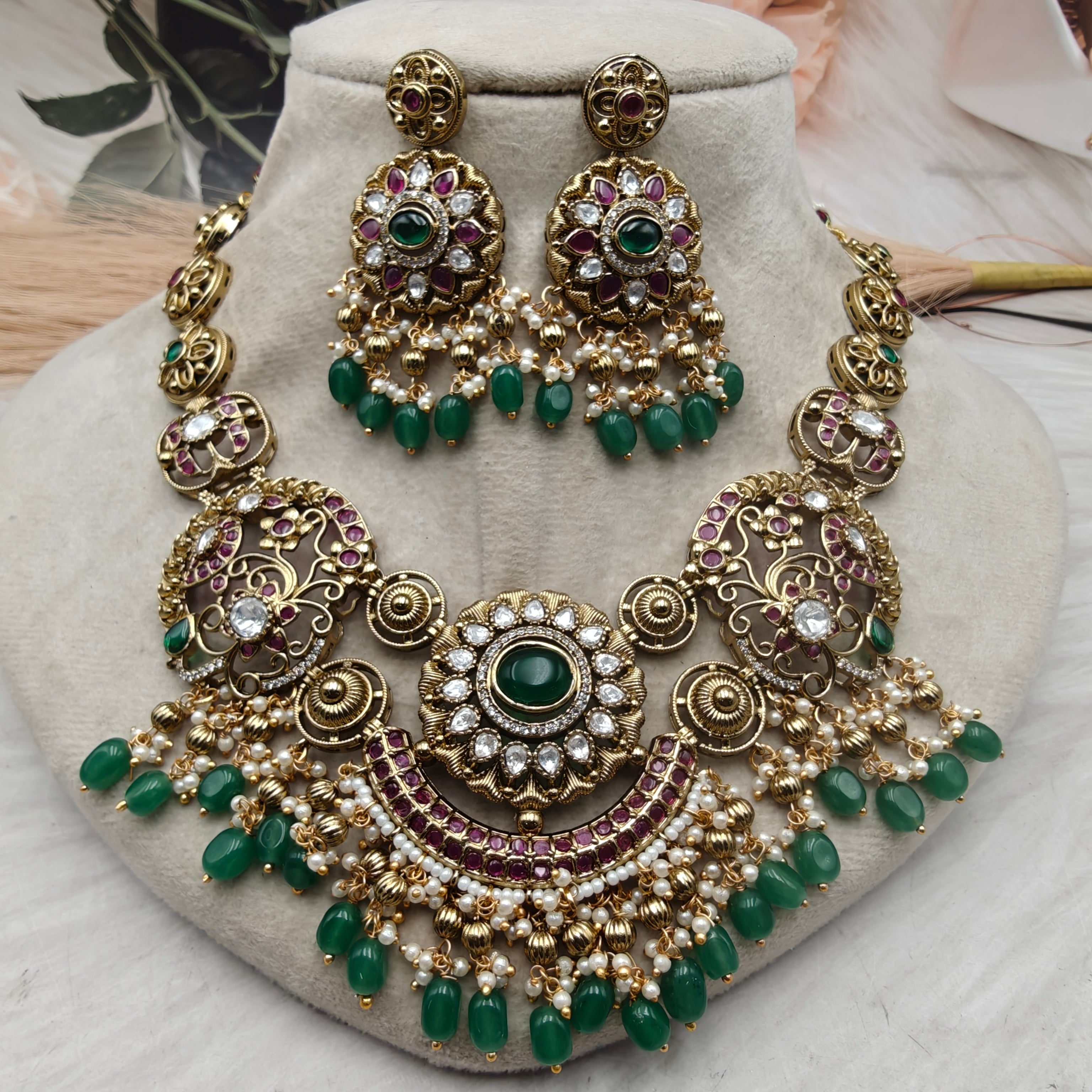 Viraasat Heritage Necklace Set- Green Ruby