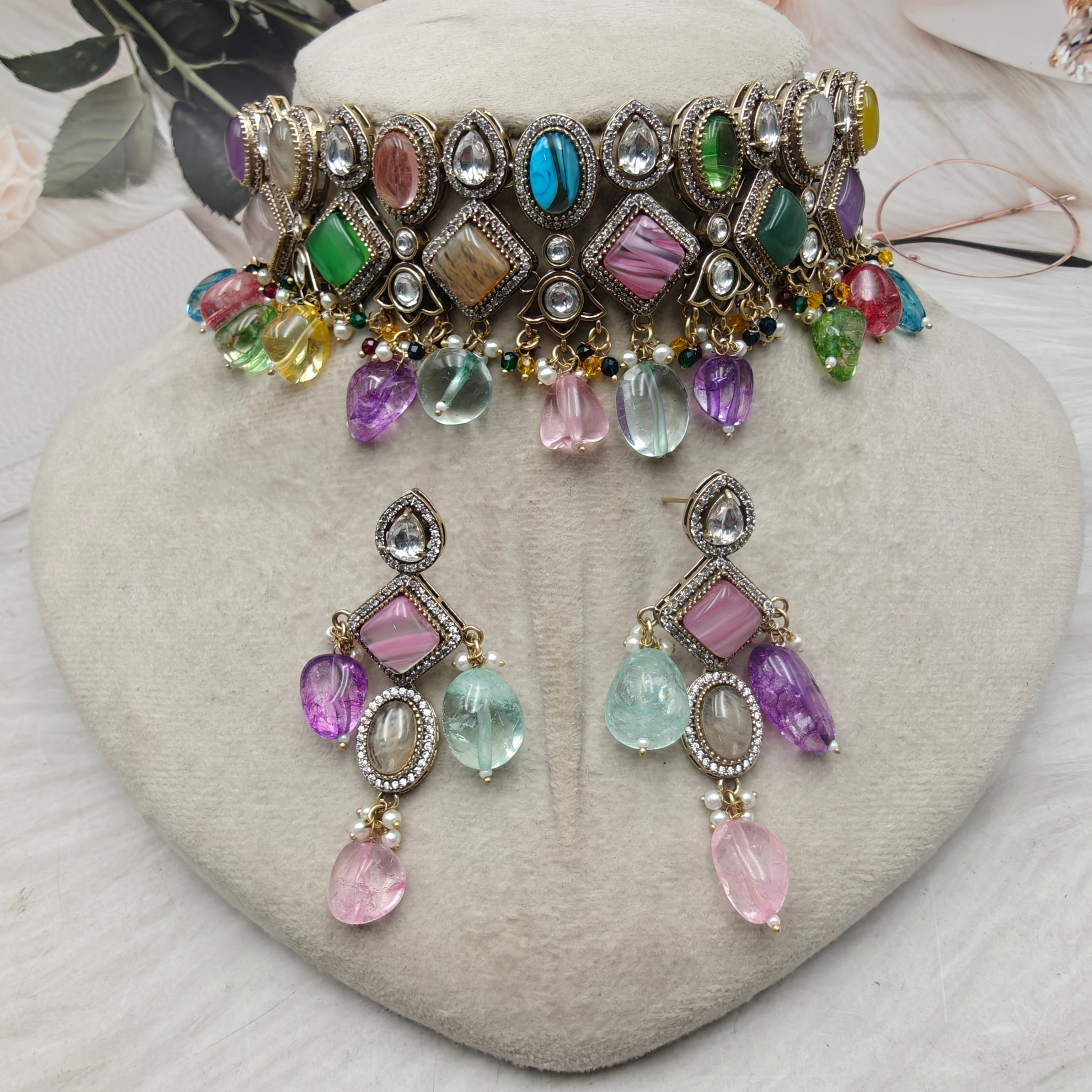 Delnaz Sabyasachi Inspired Quartz Doublet Choker Set- Pink Multi