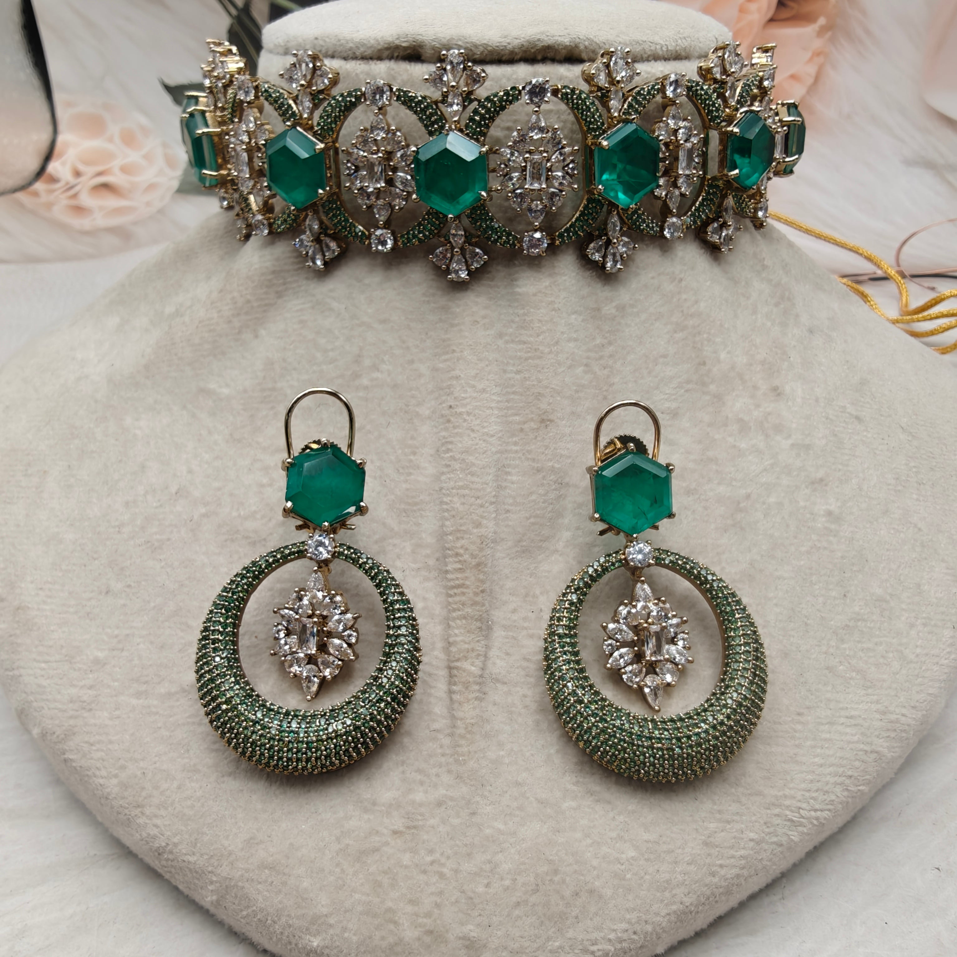 Farida Doublet CZ Statement Choker Set- Green