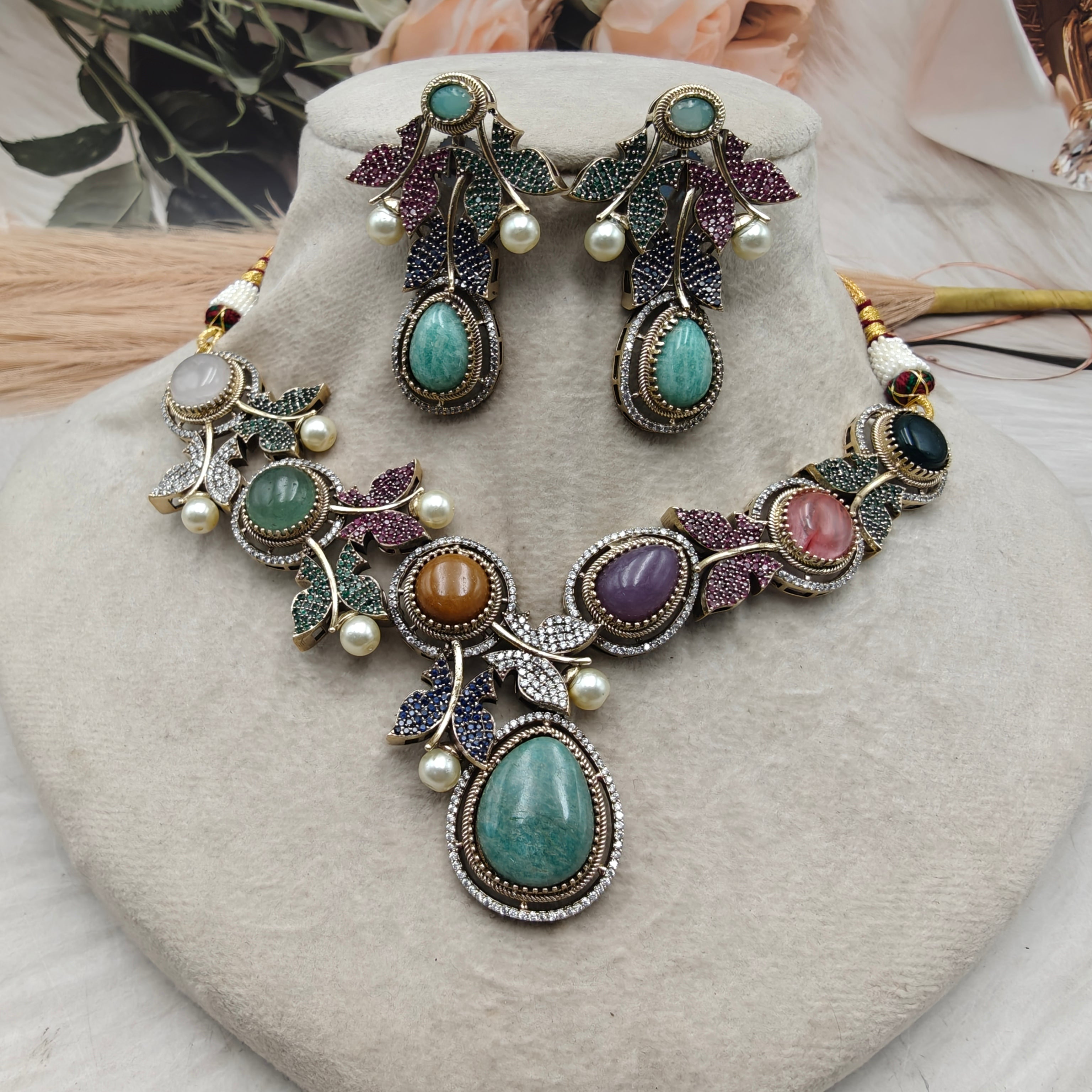 Vriksha Ratna Designer Gemstone Necklace Set- Aquamarine Multi