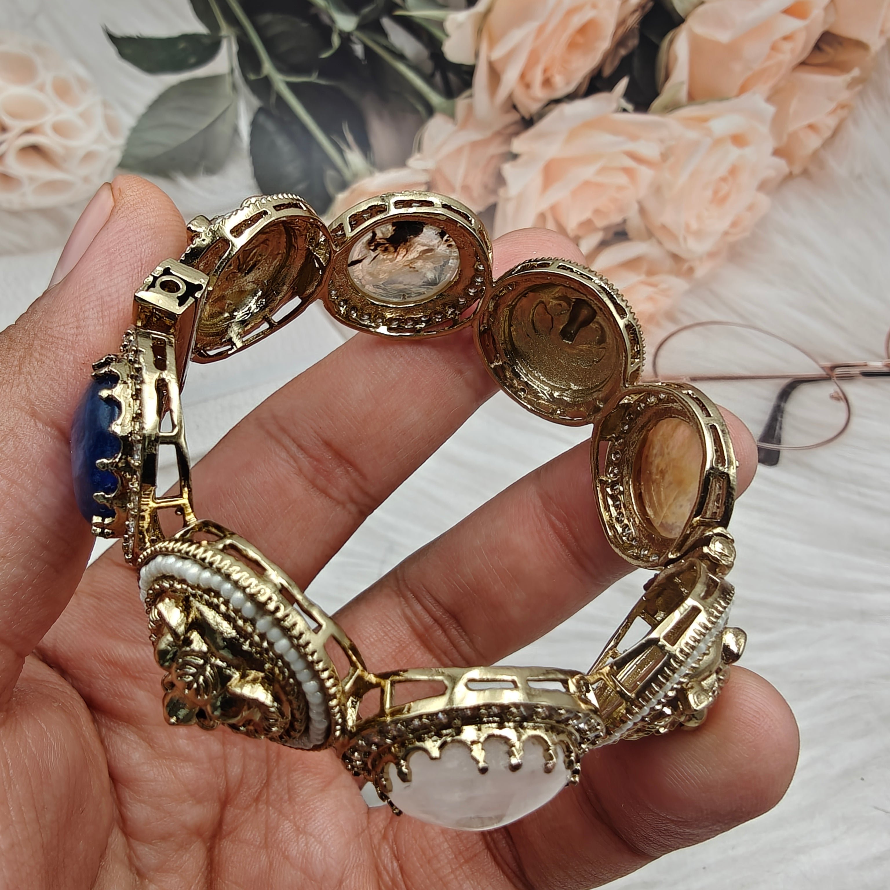 Bagh Sabyasachi Inspired Natural Gemstone Openable Bangle - Brown Multi