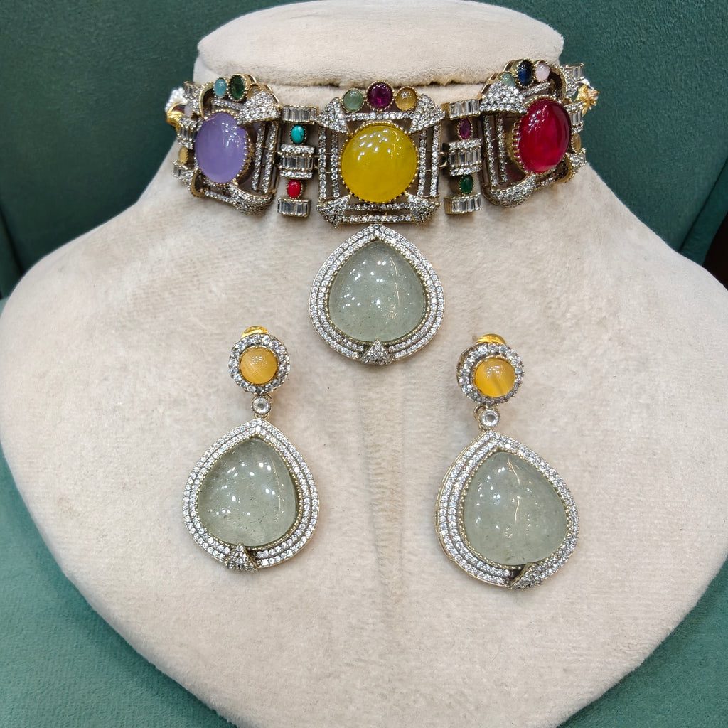 Nazm Quartz Doublet Choker Set- Mint Multi