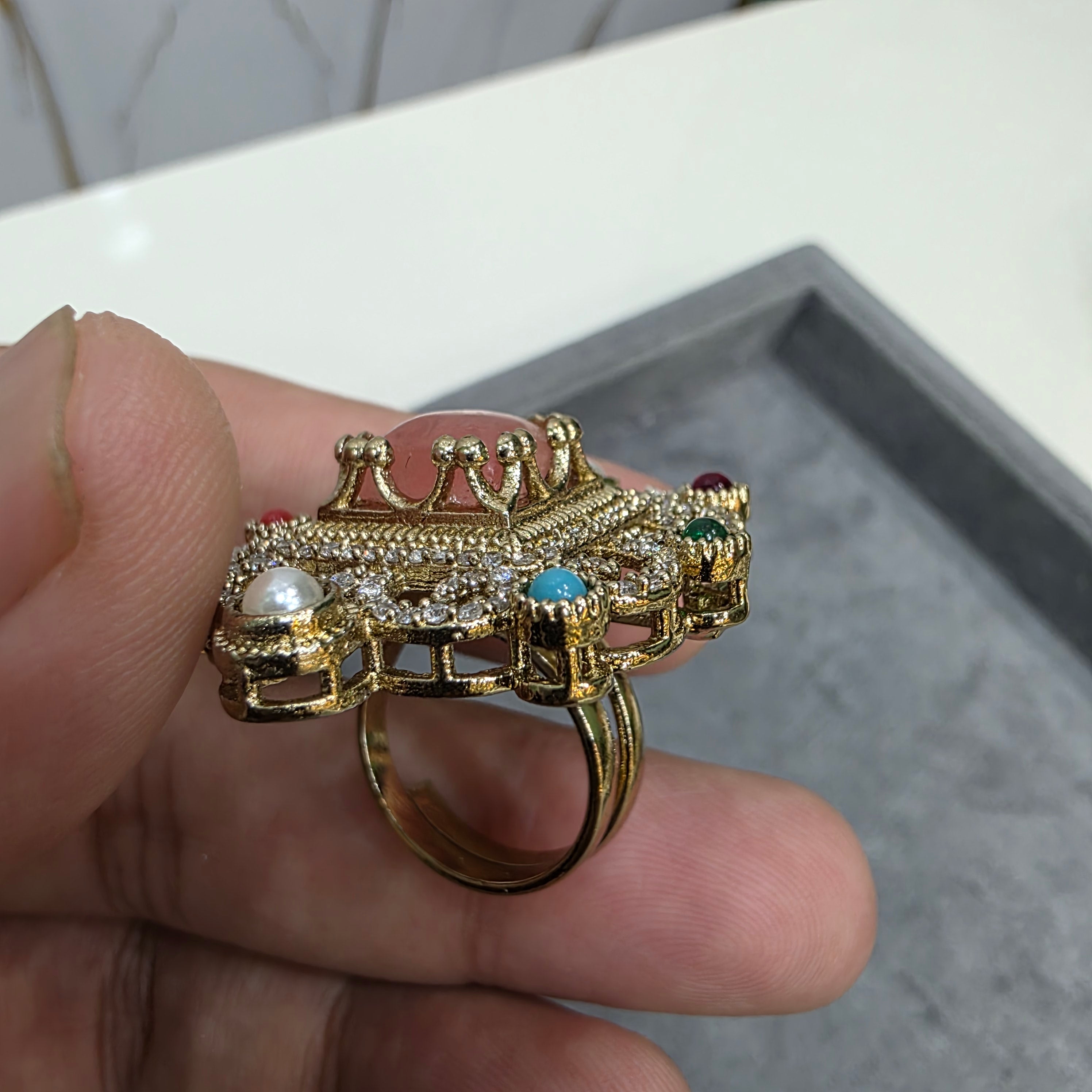 Akshika Sabya Inspired Natural Stone Adjustable Ring- Coral Multi