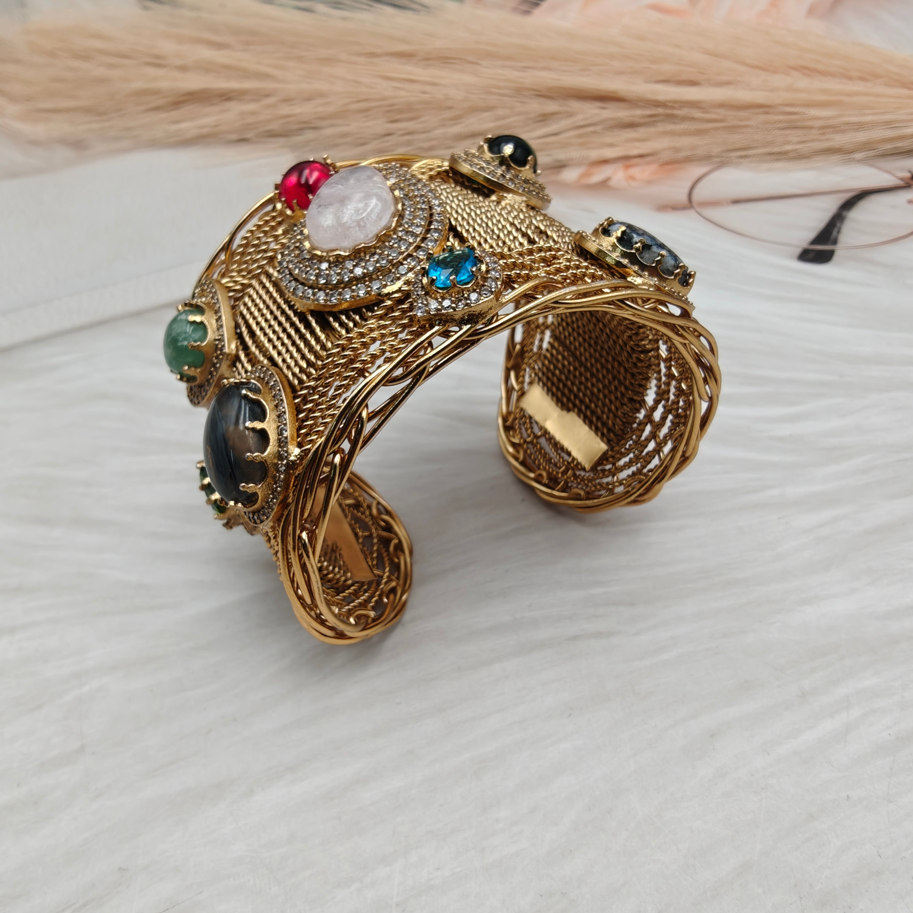 Sahiba Amrapali Brass Fusion Gemstone Handcuff-  Blush Pink Multi