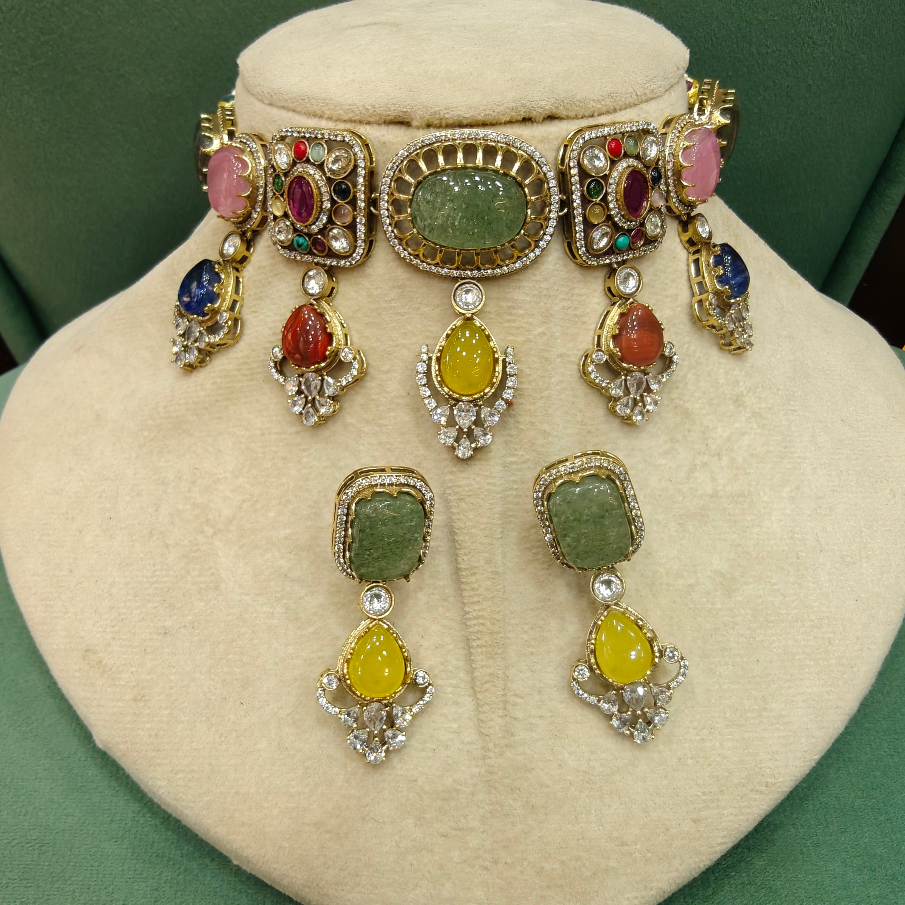 Satakshi Sabya Inspired Choker Necklace Set- Mint Multi