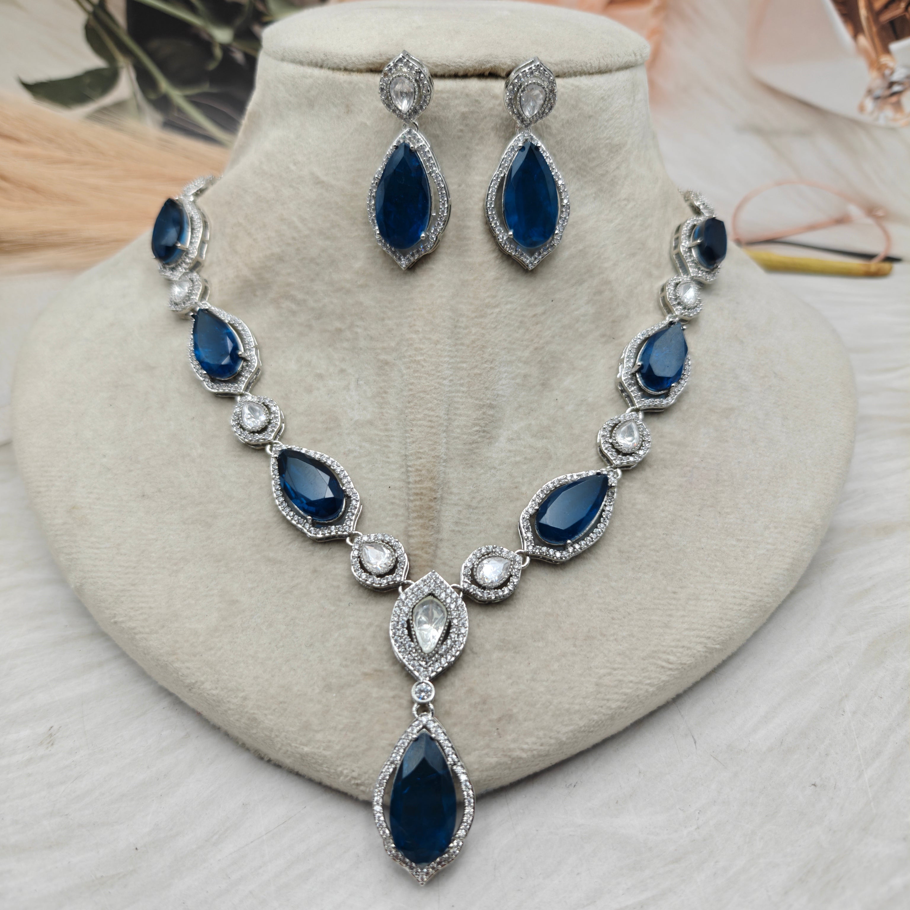 Anusha Doublet and Uncut Polki Necklace Set (Silver Finish)- Blue