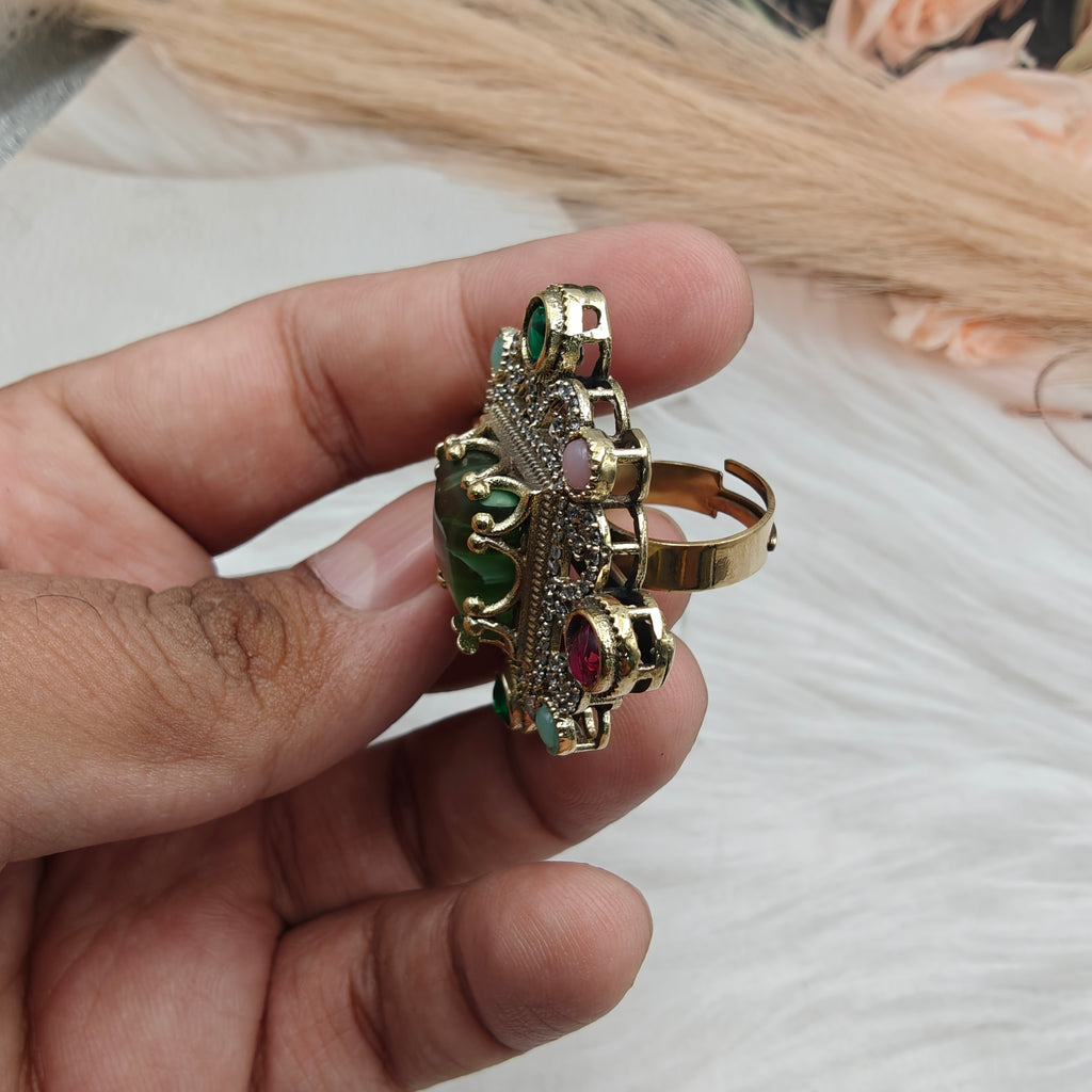 Sabyasachi Inspired Jhanvi Gemstone Adjustable Ring- Parrot Green