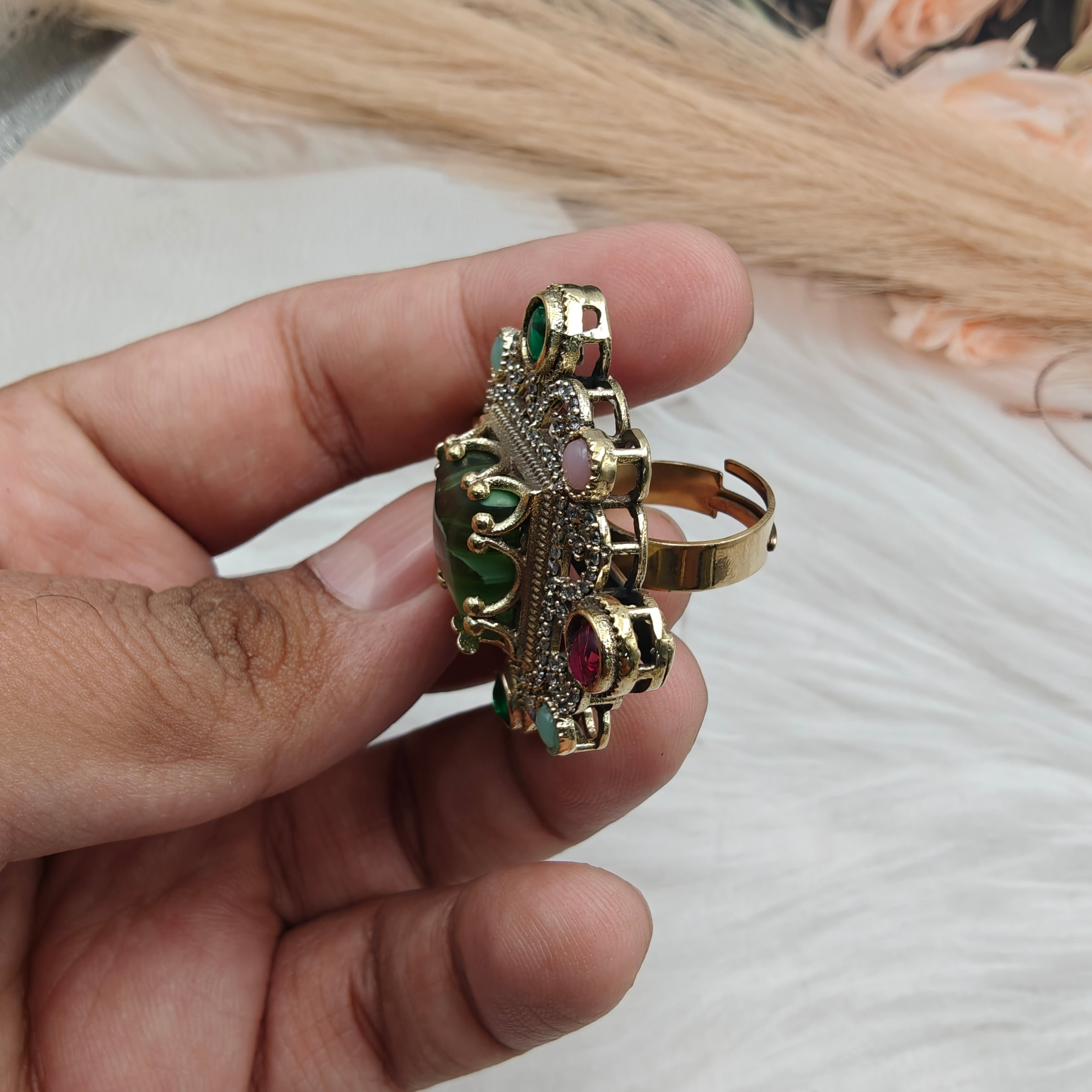 Sabyasachi Inspired Jhanvi Gemstone Adjustable Ring- Parrot Green