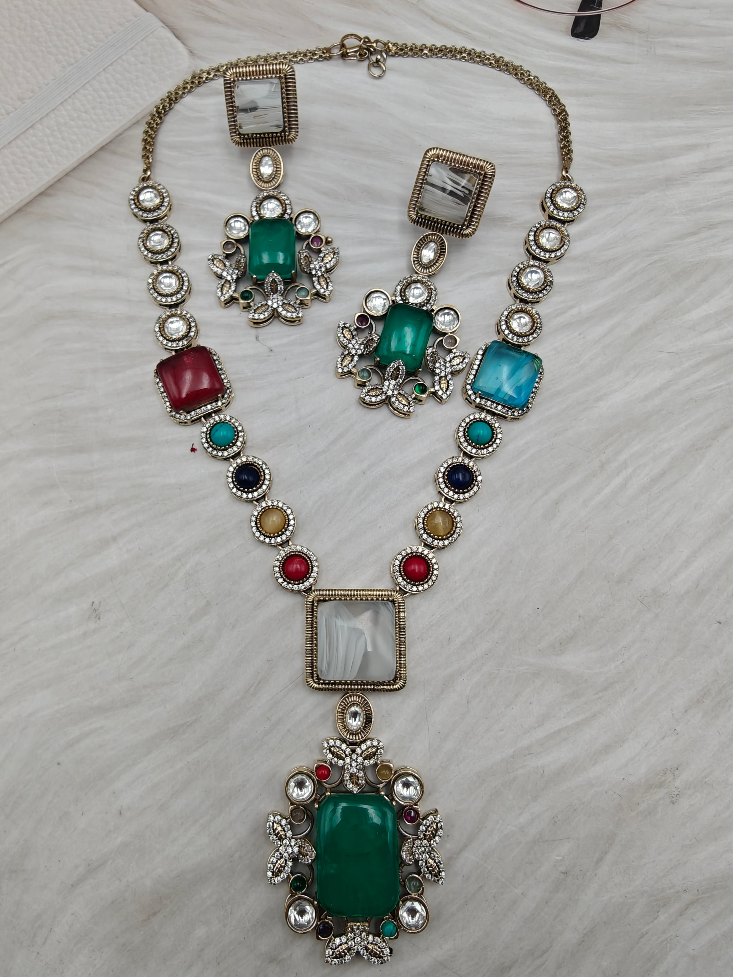 Mitali Sabya Inspired Gemstones Statement Necklace Set -Green Multi